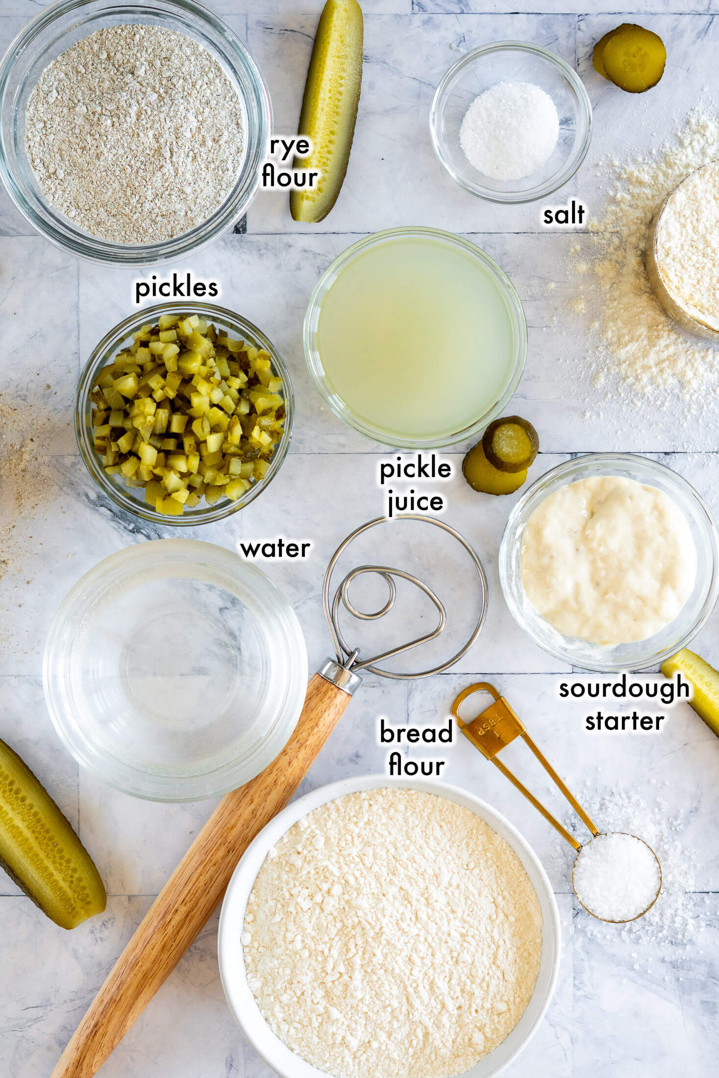Ingredients for dill pickle sourdough bread. 