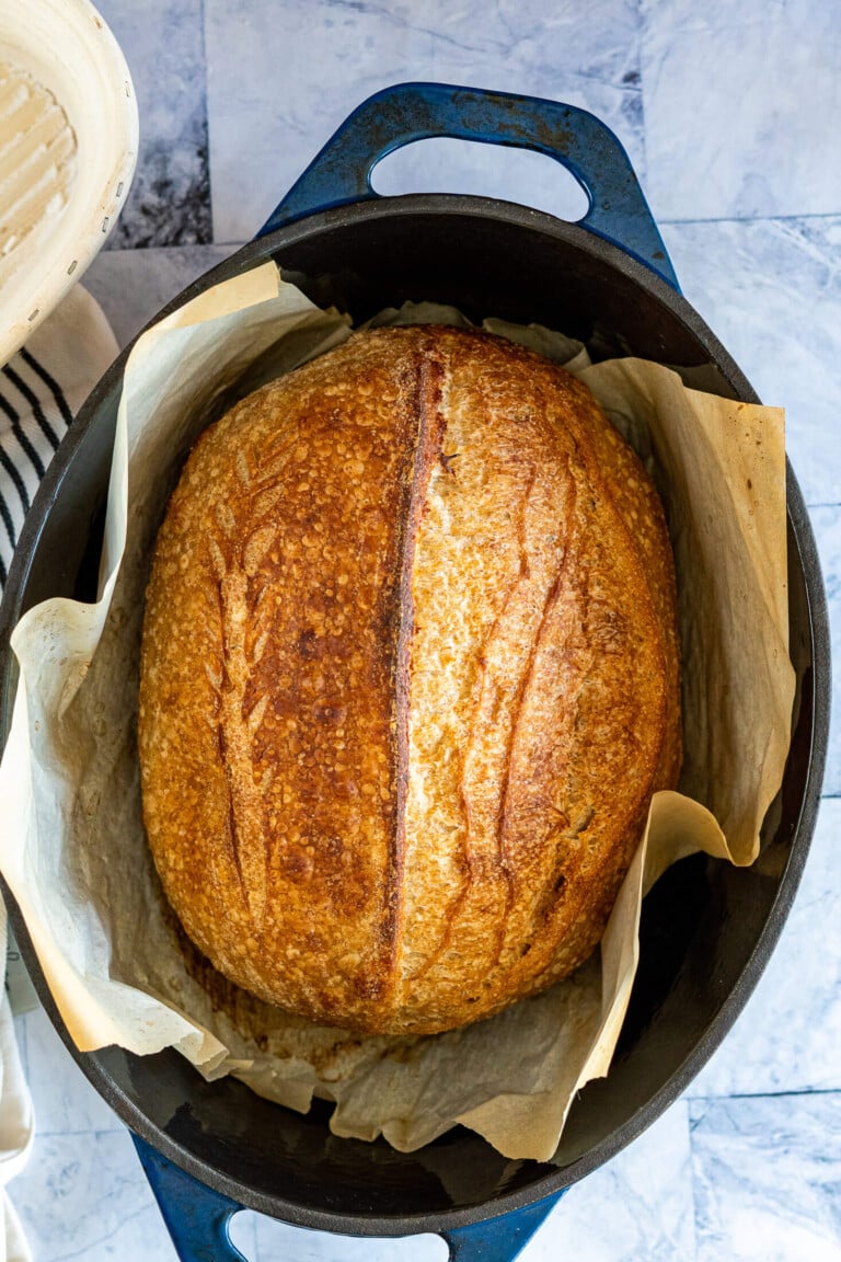 Rustic sourdough loaf in a blue oval dutch oven.