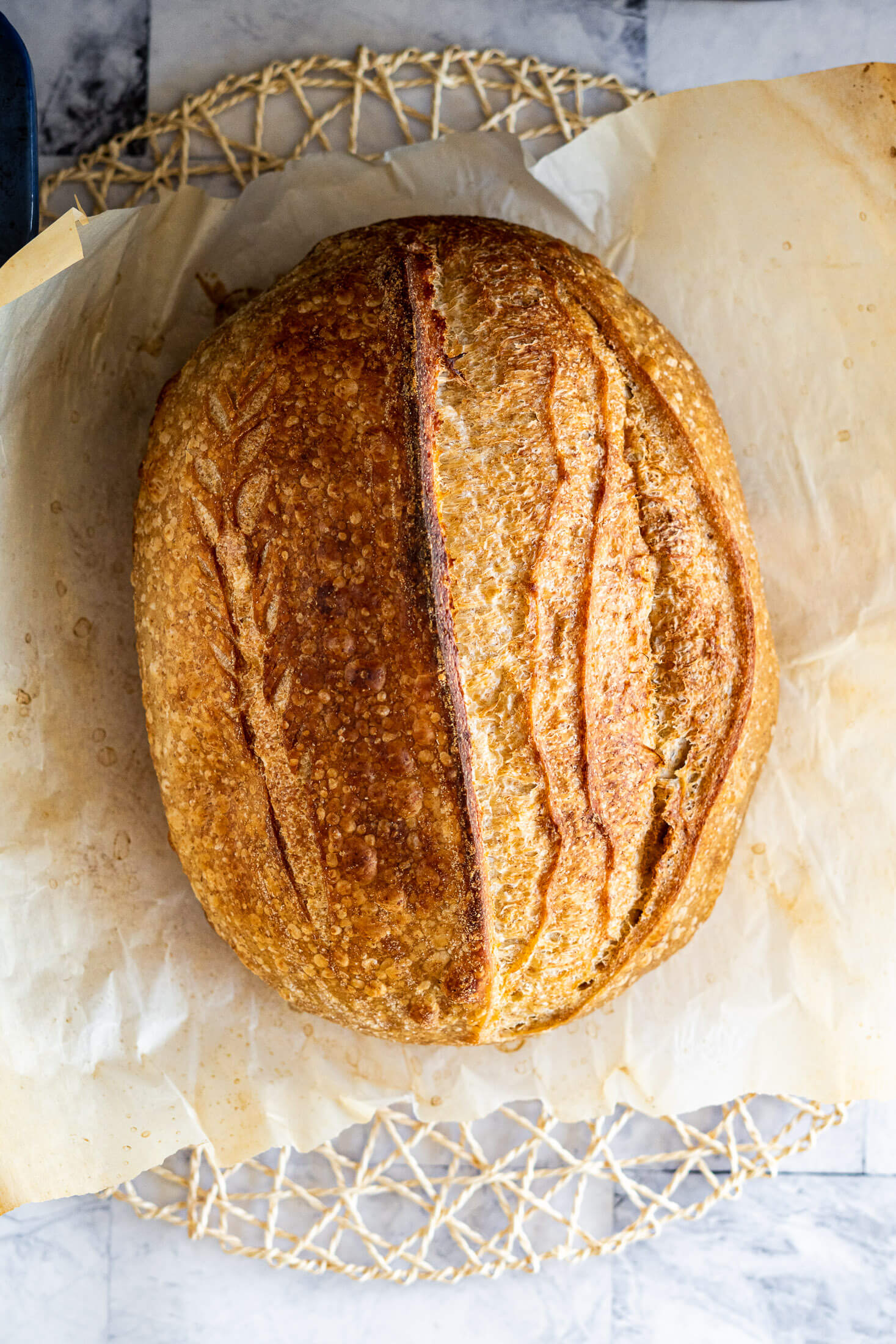 Overhead look at baked rustic sourdough.