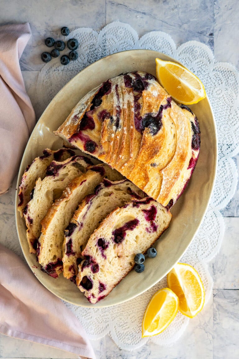 Sliced blueberry sourdough bread.