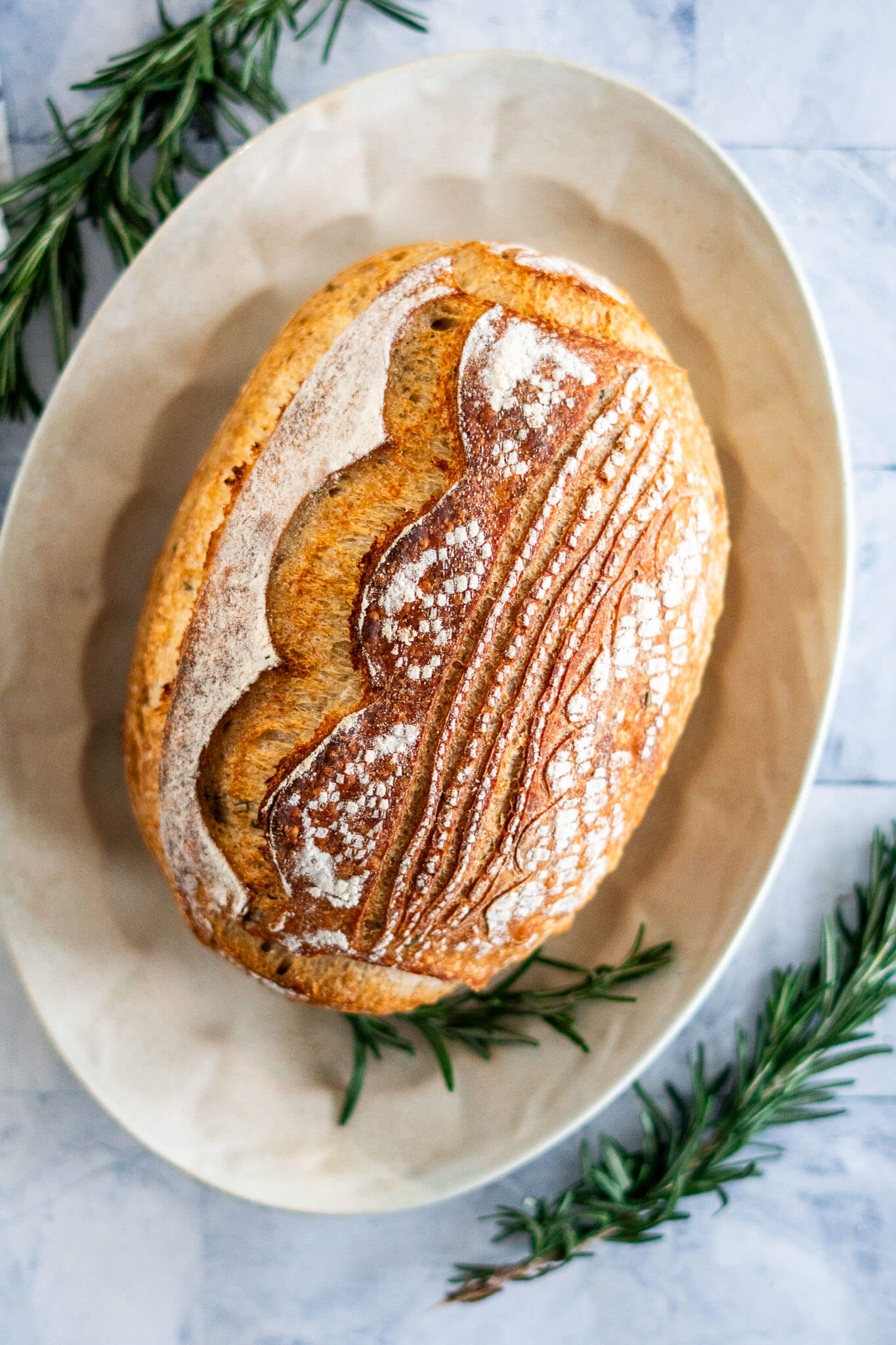 Rosemary sourdough loaf garnished with fresh rosemary.