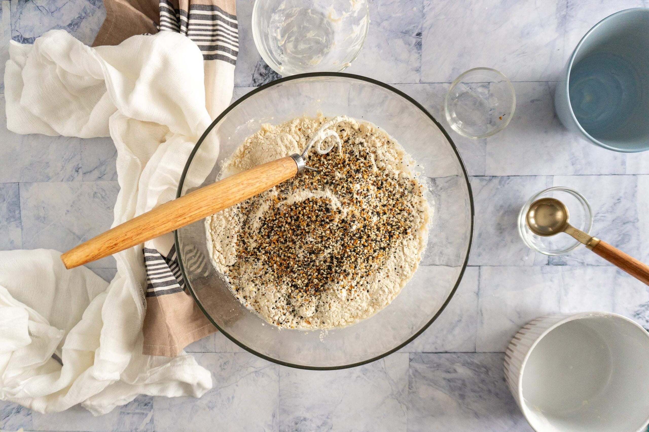 Flour, salt and everything bagel seasoning added to starter mixture. 