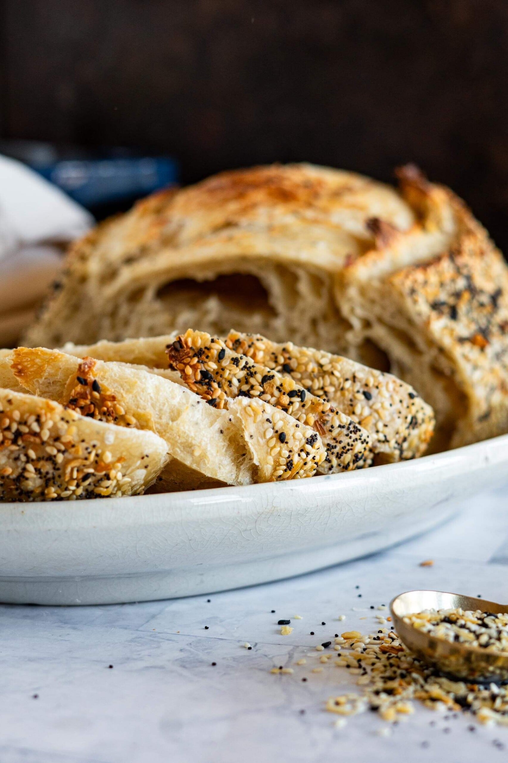 Sesame seeds, poppy seeds, garlic, onion, and salt crusted everything bagel sourdough bread