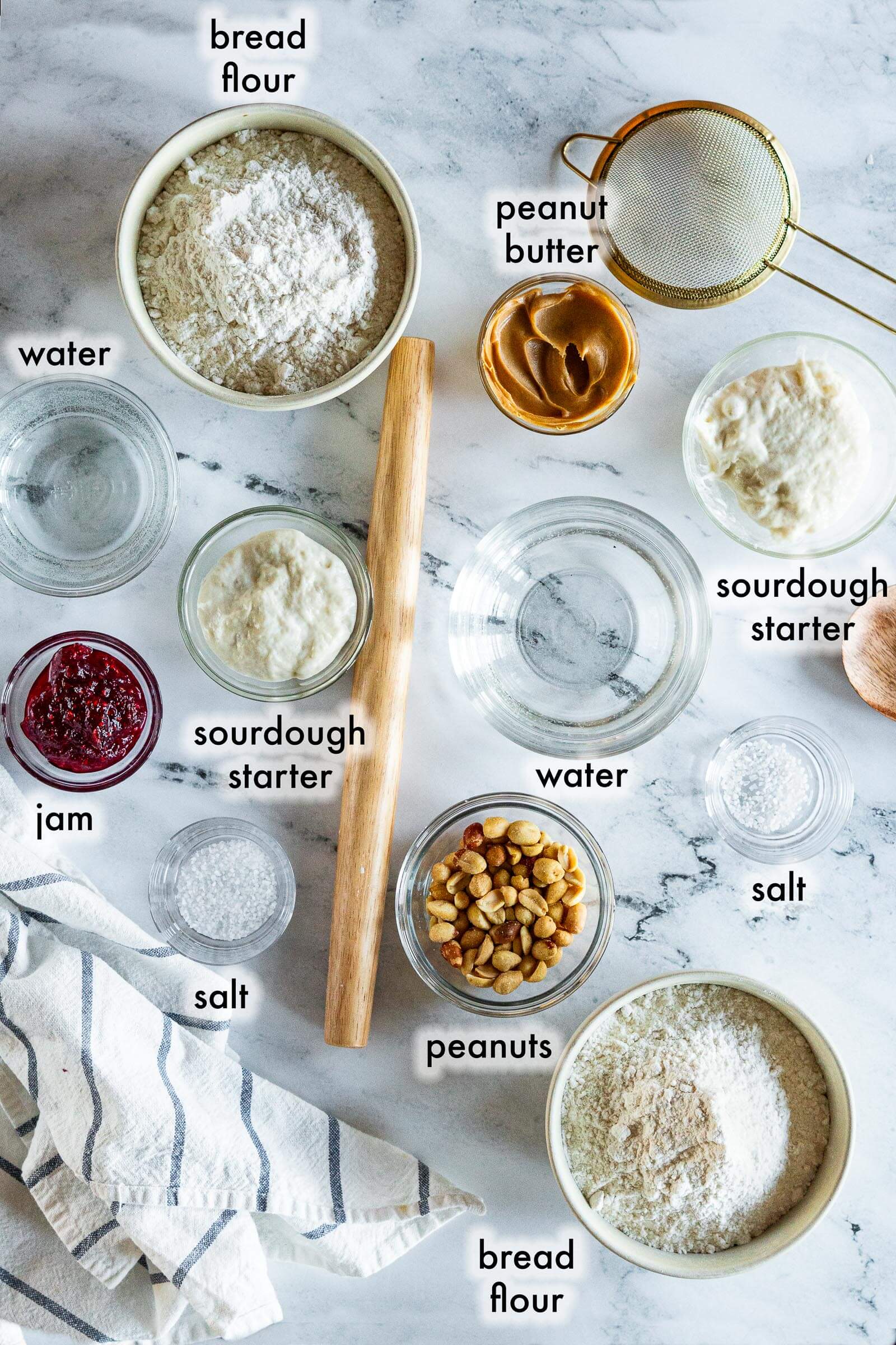 Ingredients for peanut butter and jam sourdough.