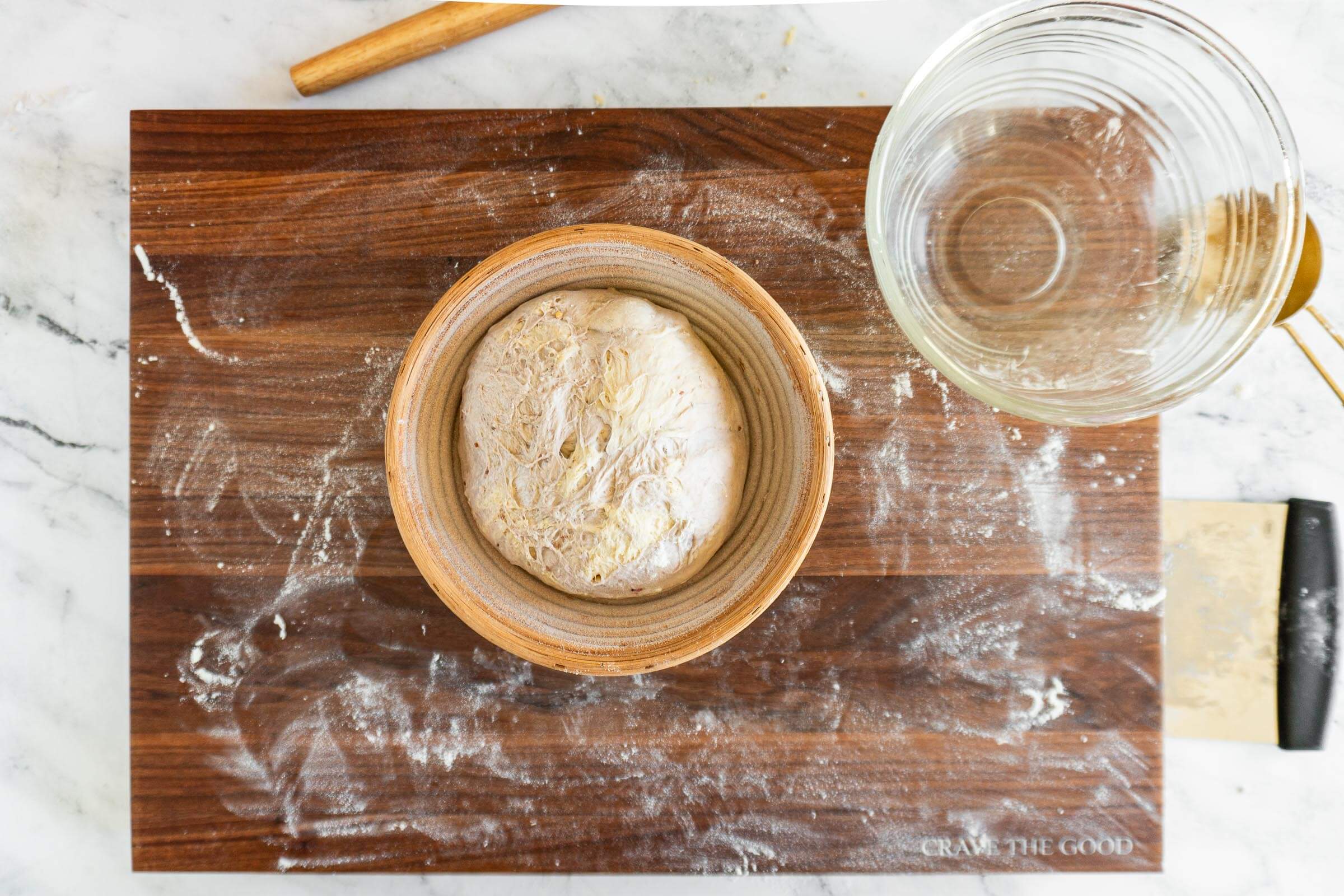 Shaped dough in banneton.