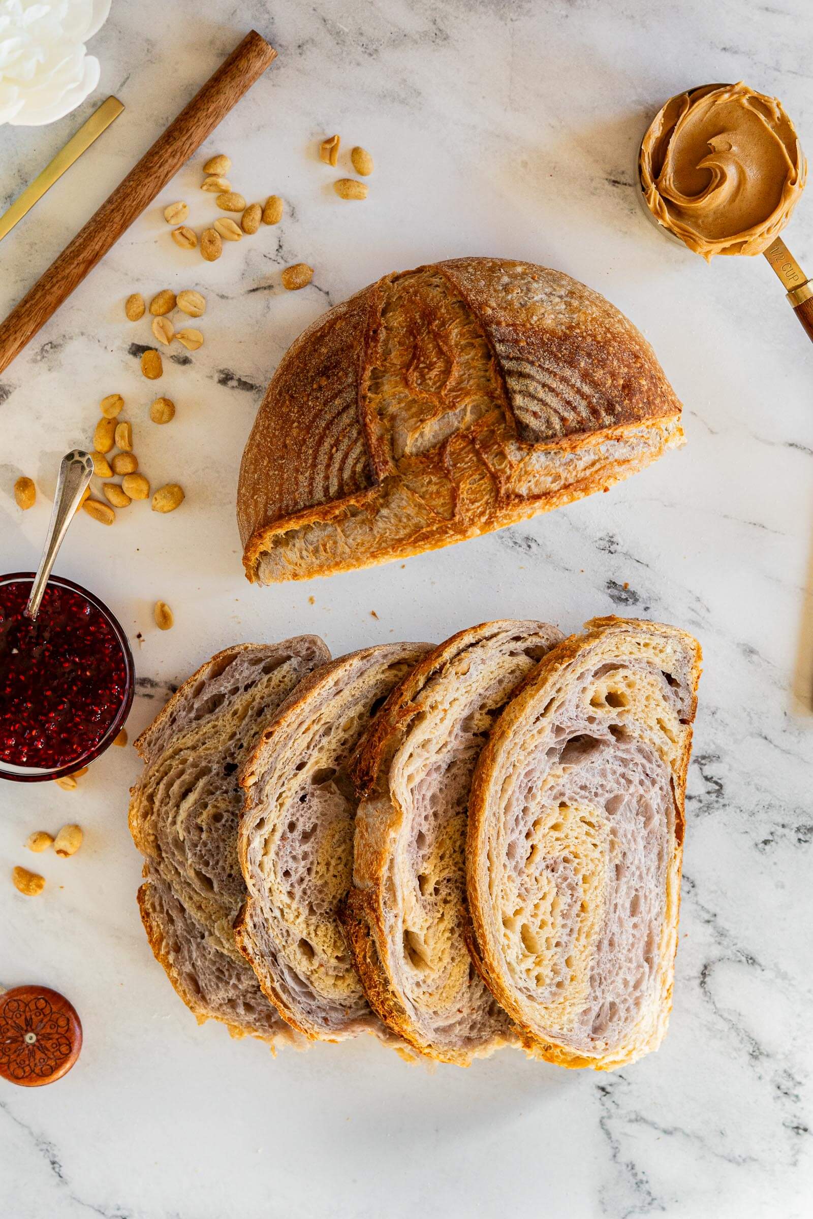 Overhead view of slices PBJ sourdough.
