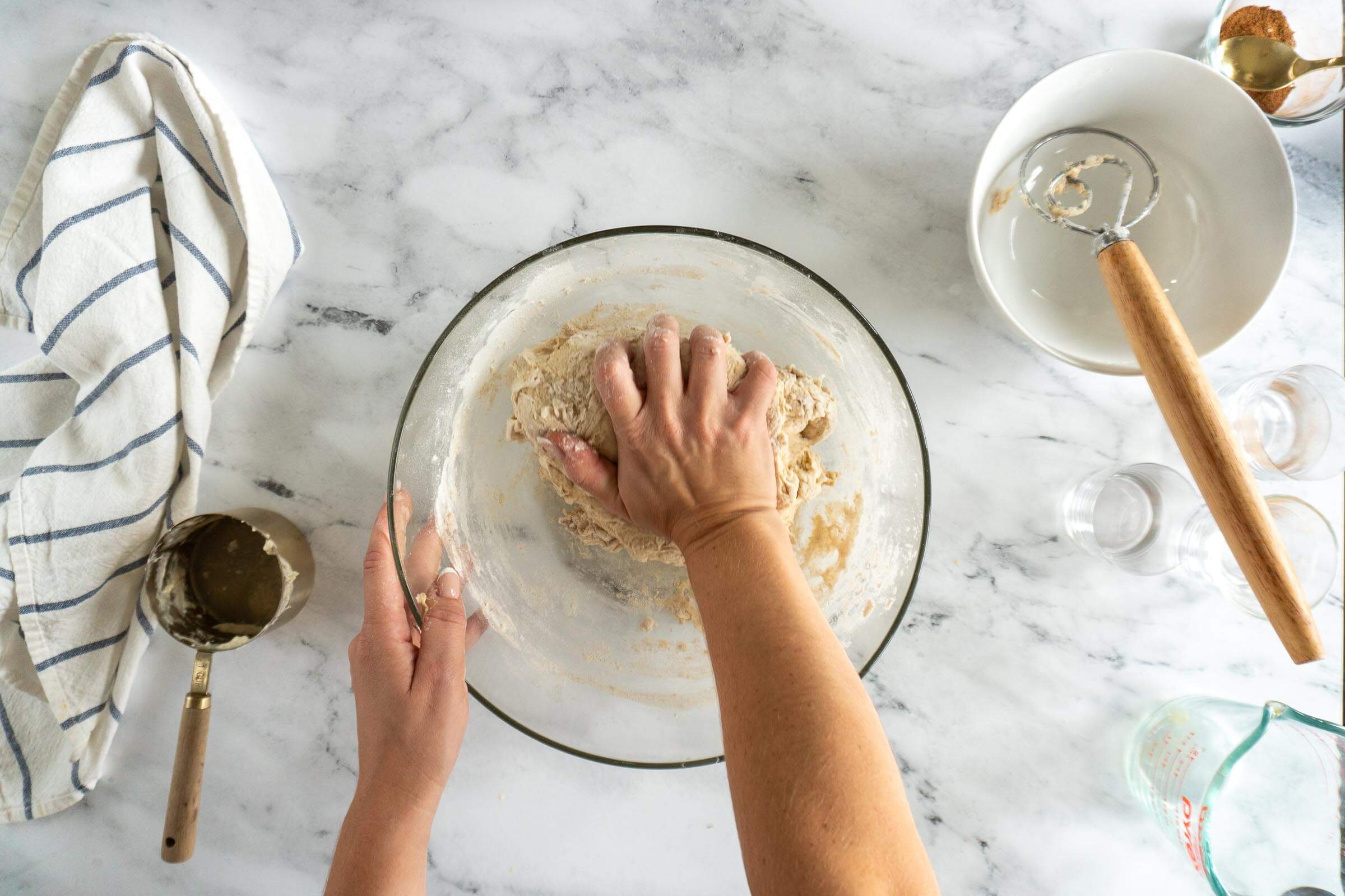 Kneading in dry bits by hand. 