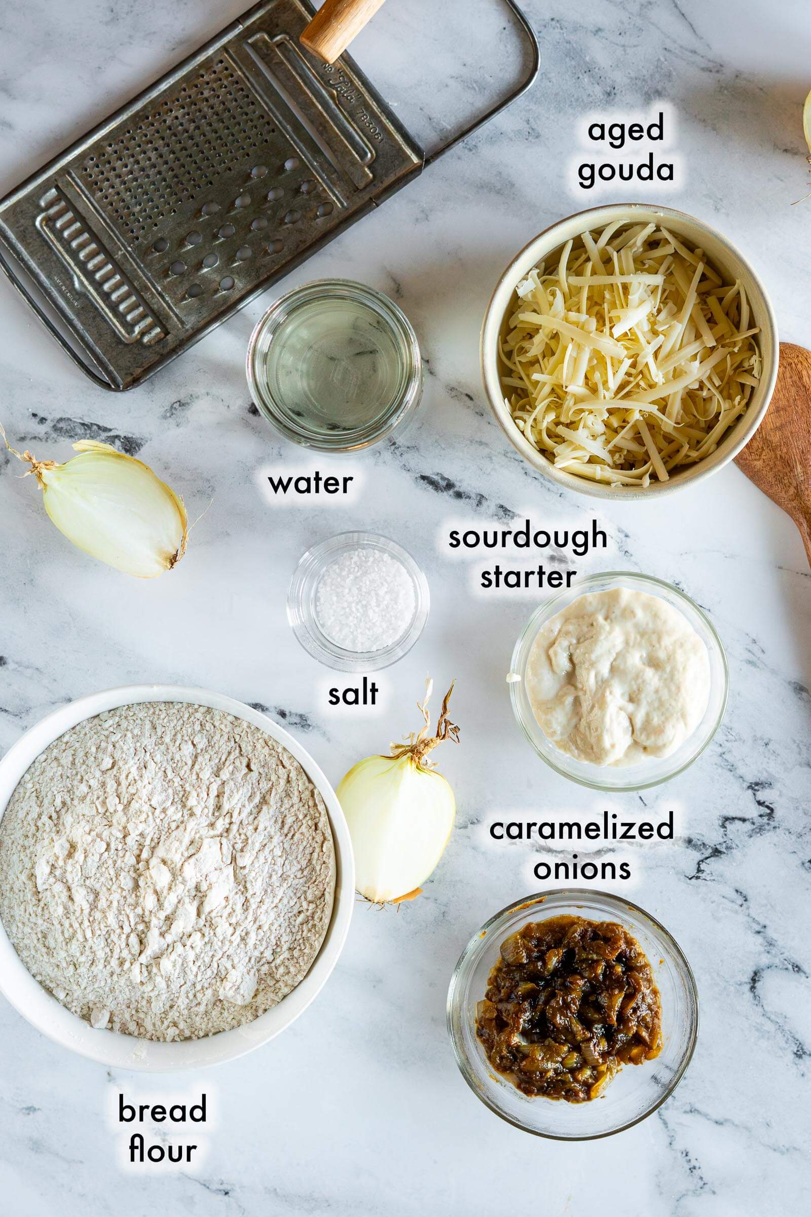 Ingredients for caramelized onion sourdough bread.