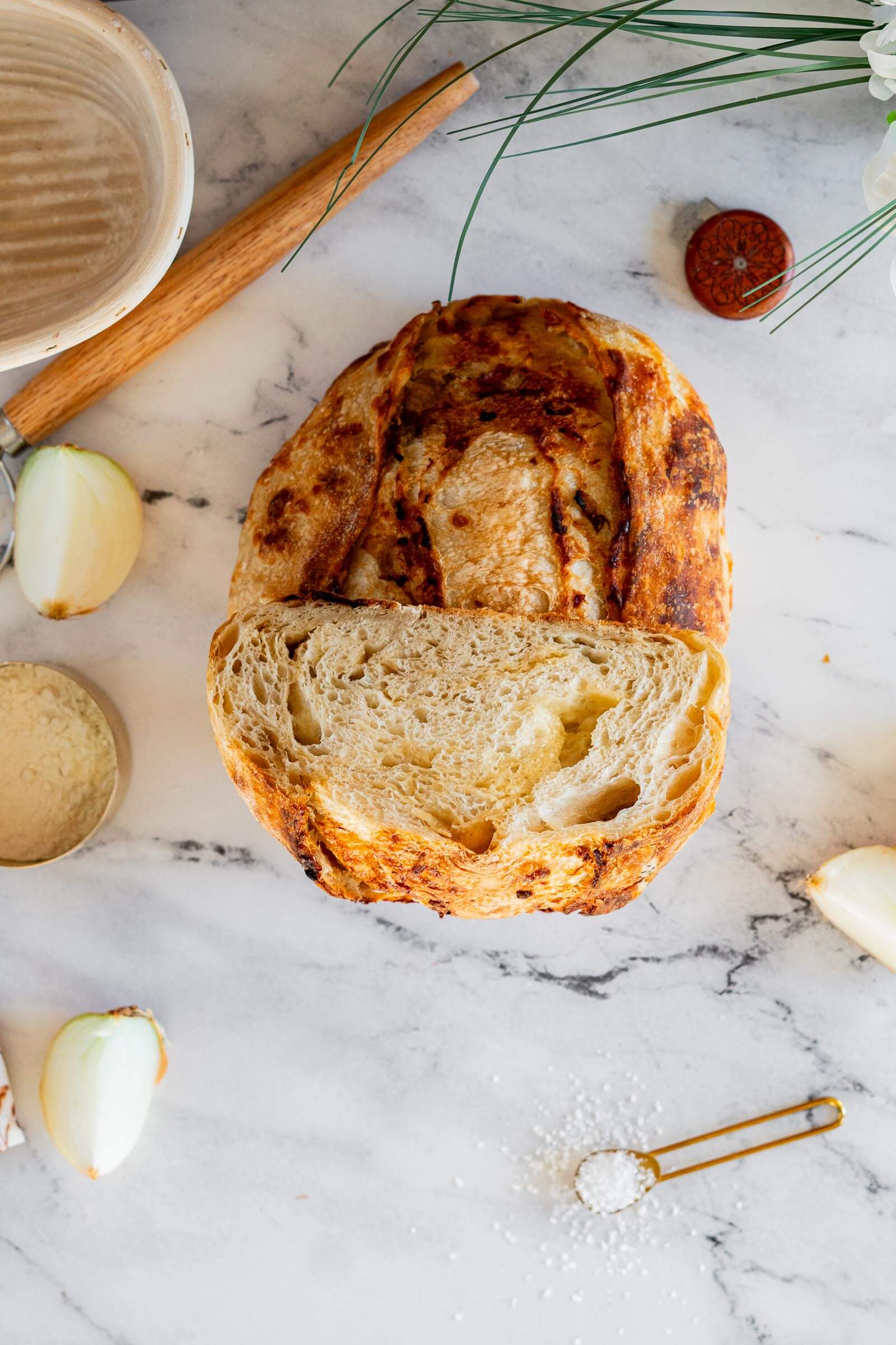 Onion cheese sourdough loaf sliced. 
