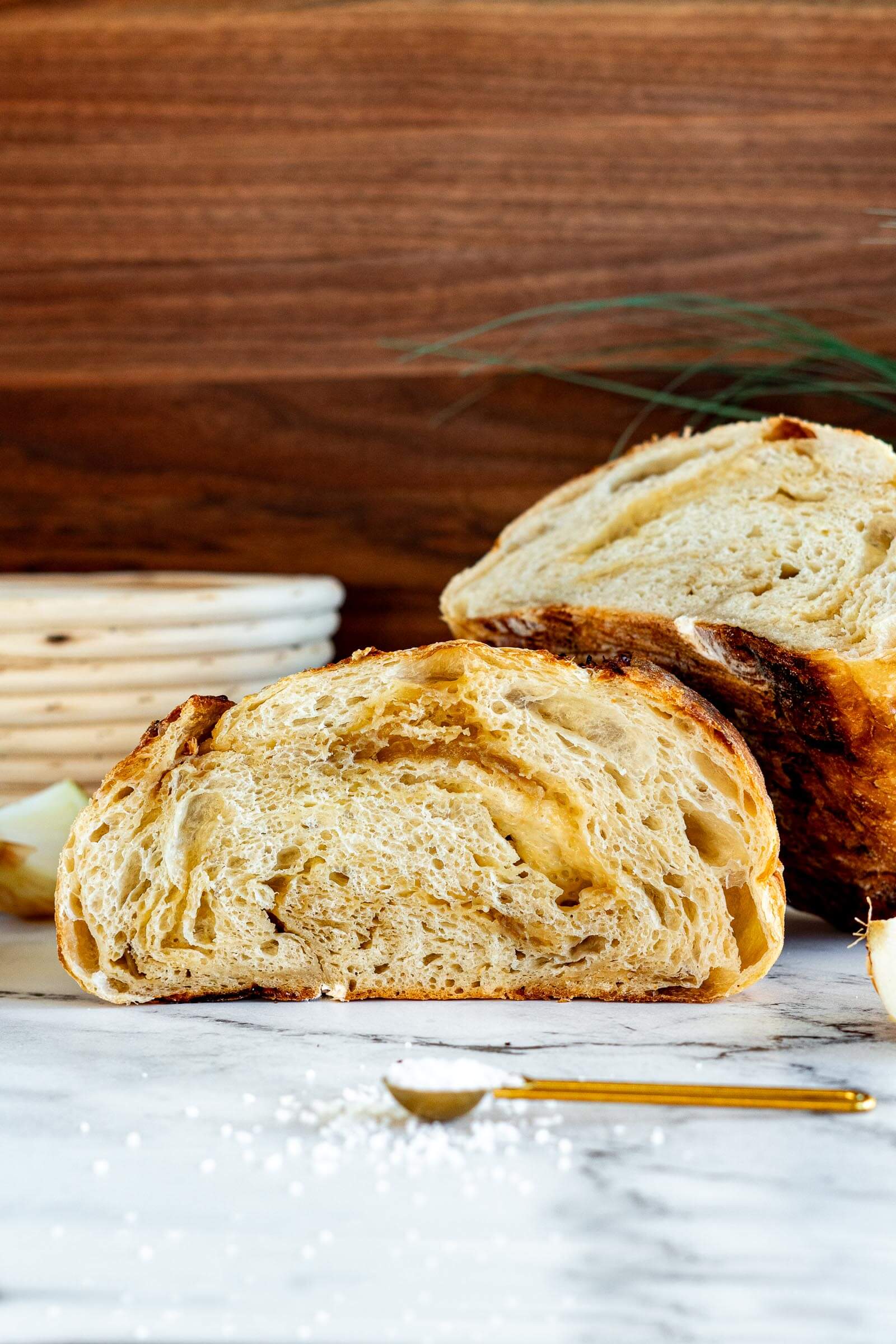 Caramelized onion and gouda sourdough loaf sliced. 