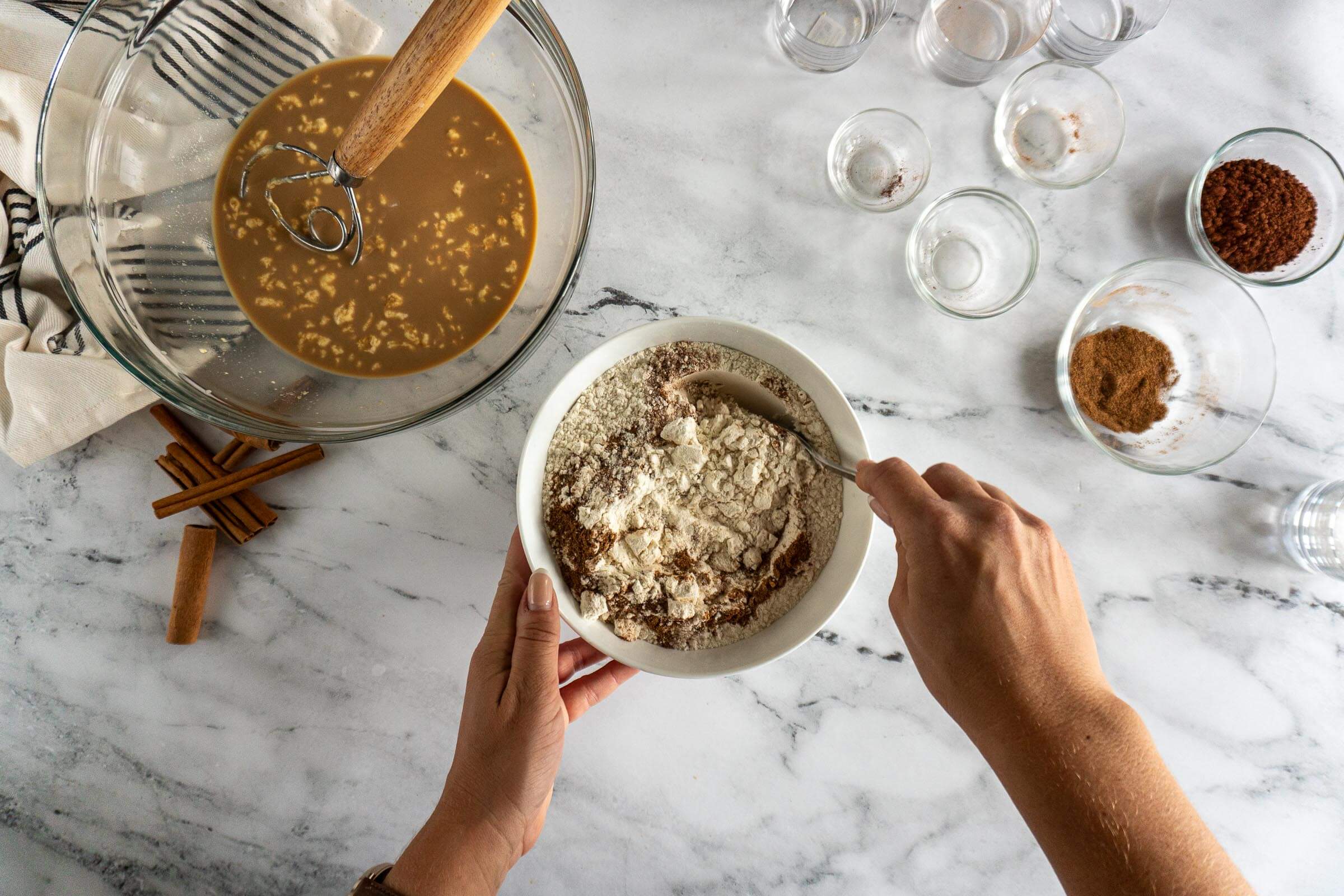Combining flour, salt, and spice mixture. 