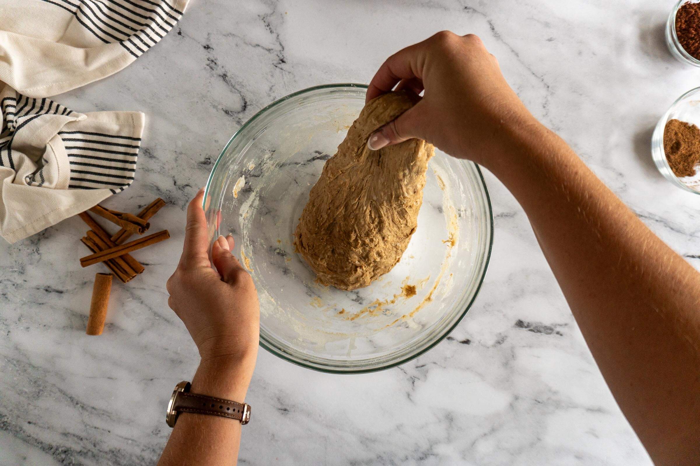 Stretching the dough. 