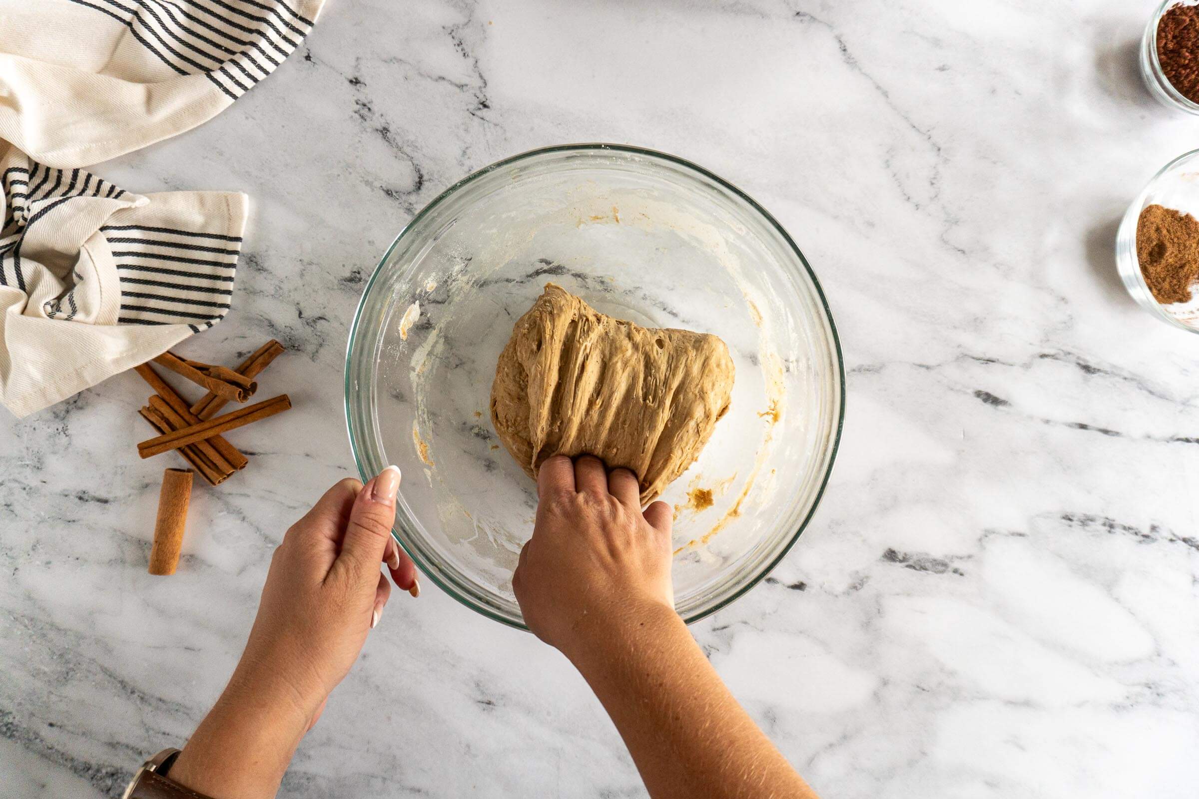 Folding the dough. 