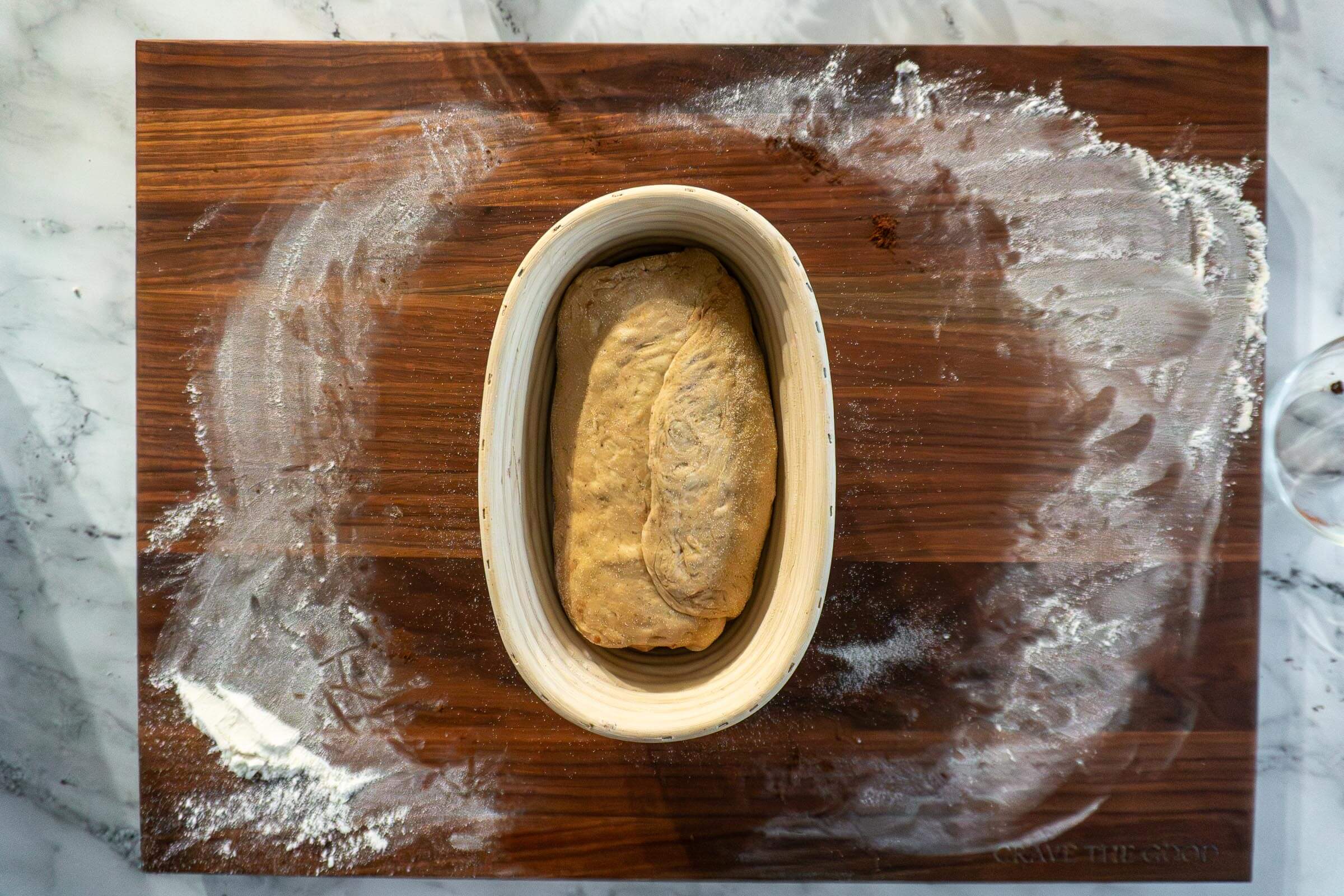 Chocolate chai sourdough in the banneton before proving. 