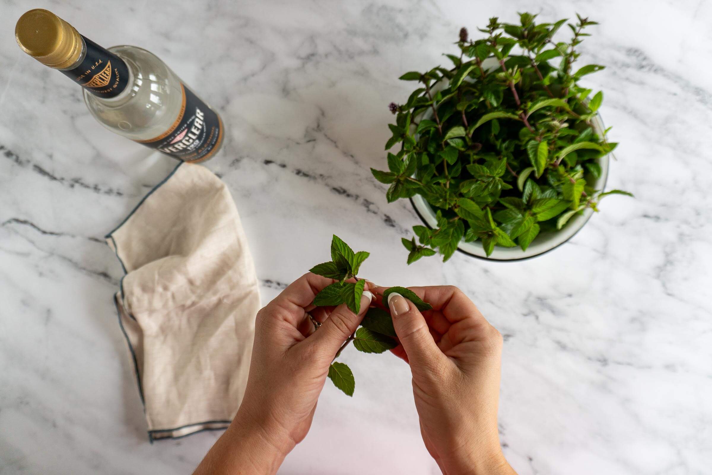Picking mint leaves from stems.