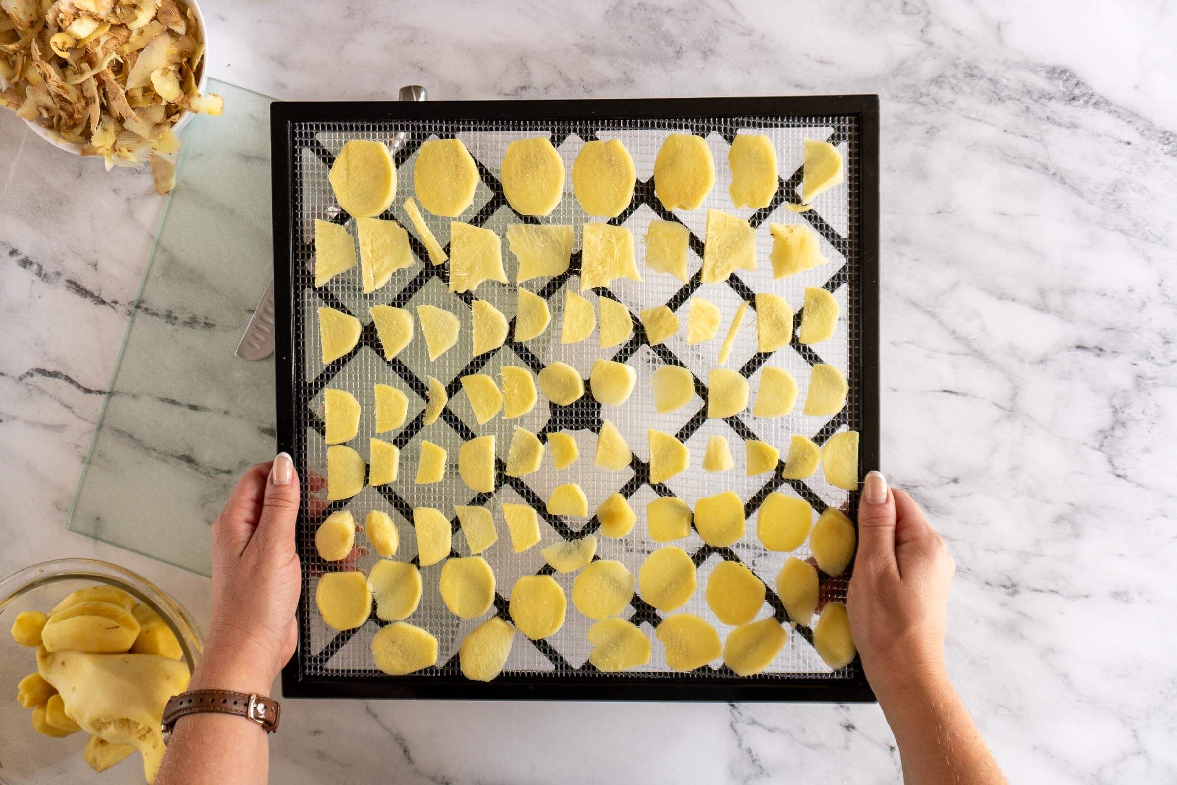 Sliced ginger before dehydrating.