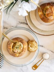 Overhead view of filled sourdough bread bowls.