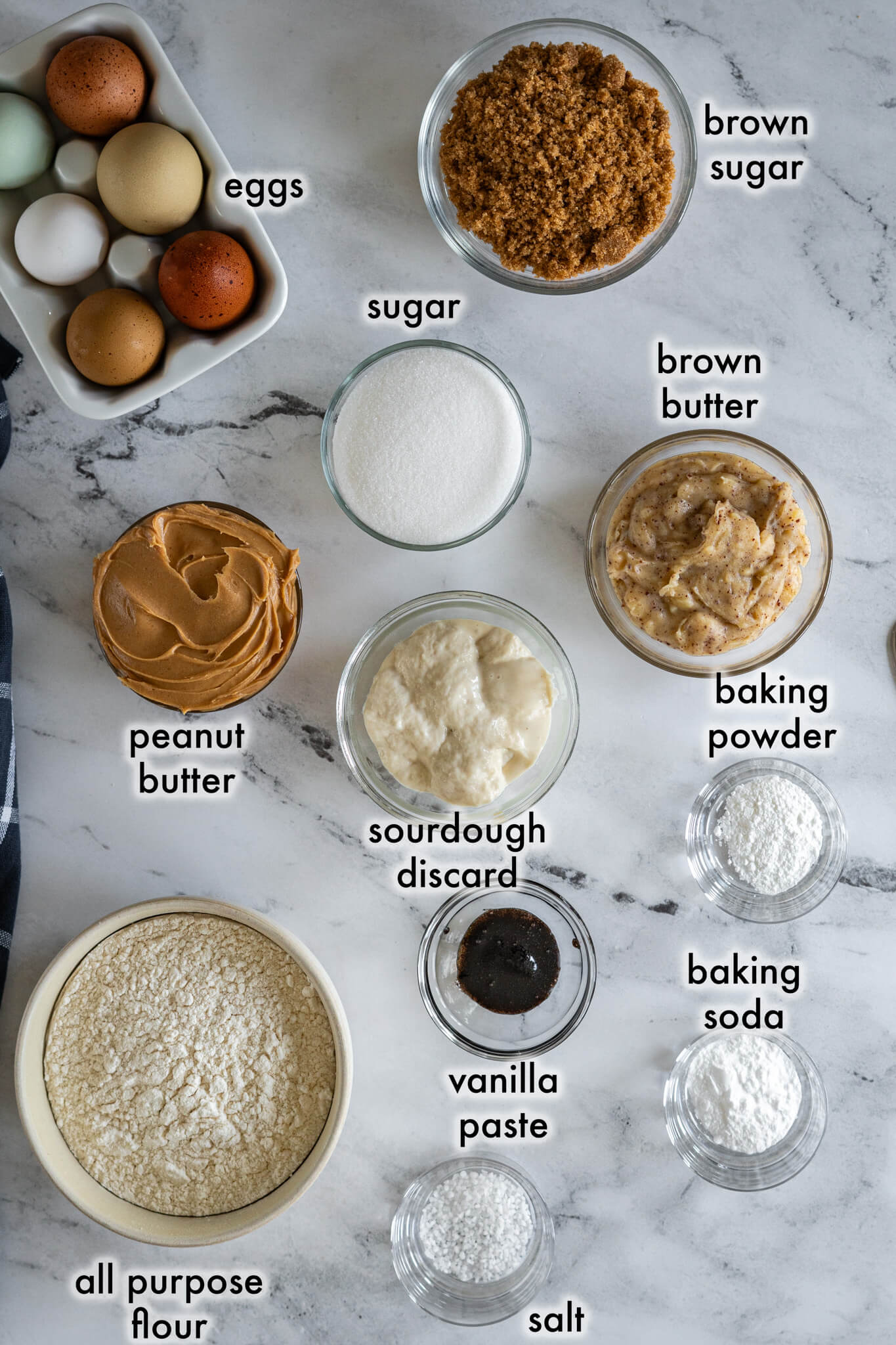 Ingredients for peanut butter sourdough cookies. 
