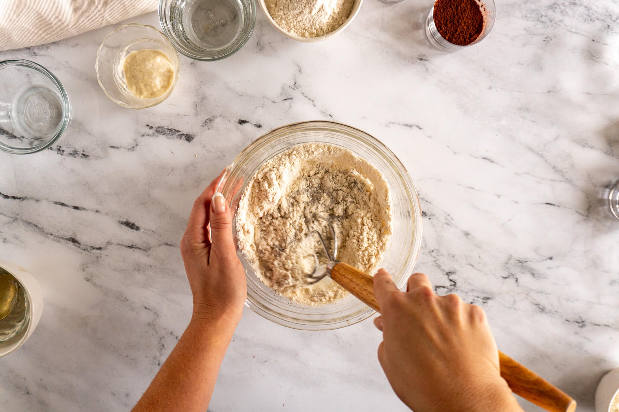 Adding flour. 