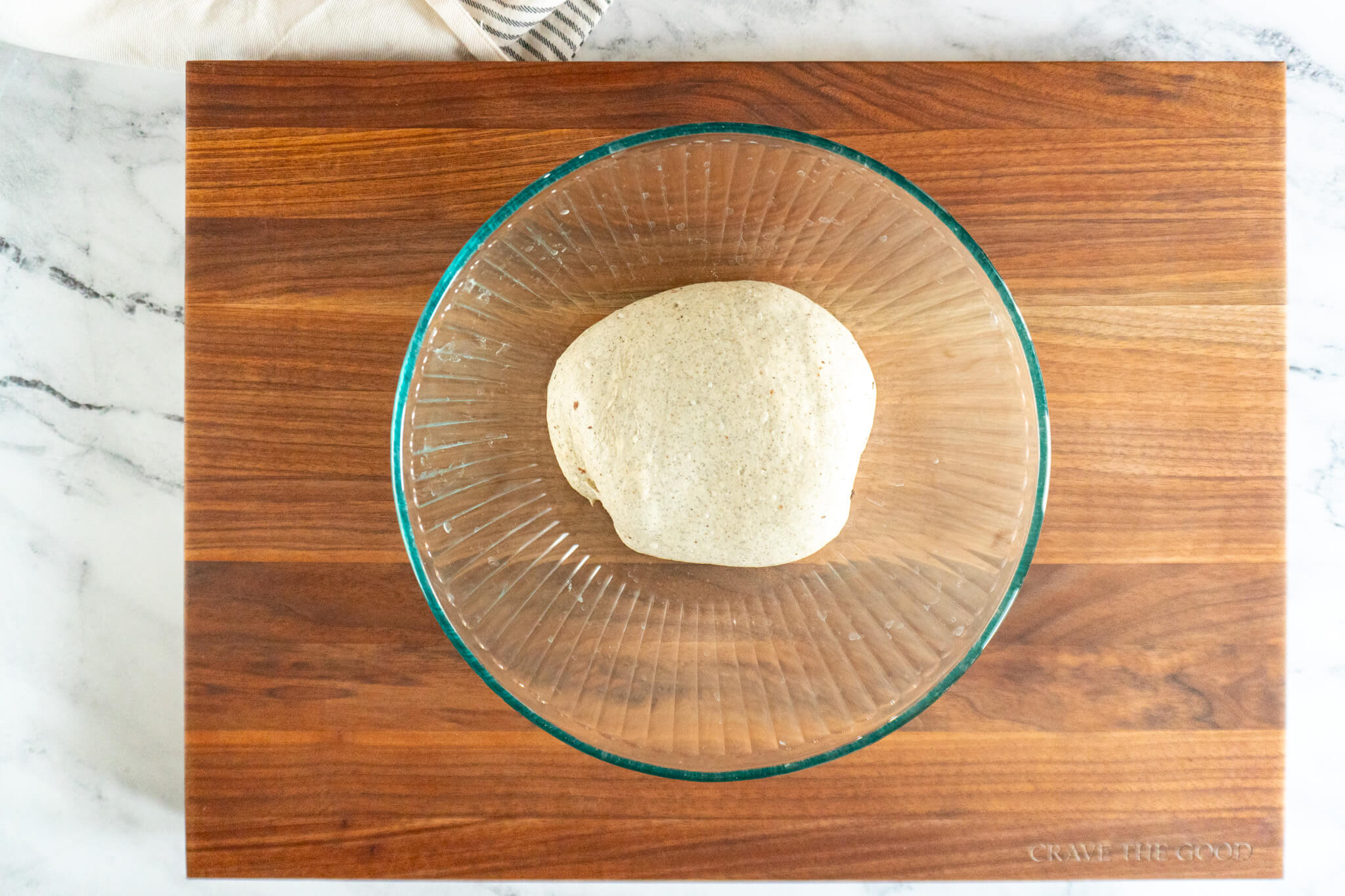 Proved dough in large bowl. 