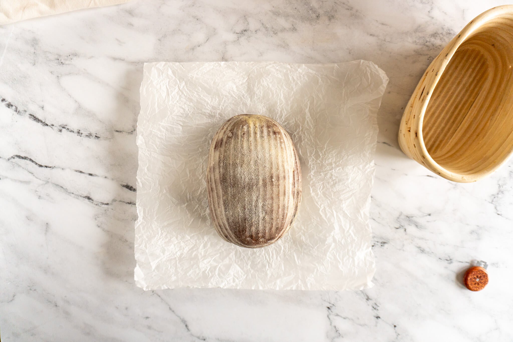 Sourdough loaf ready to go in the oven.