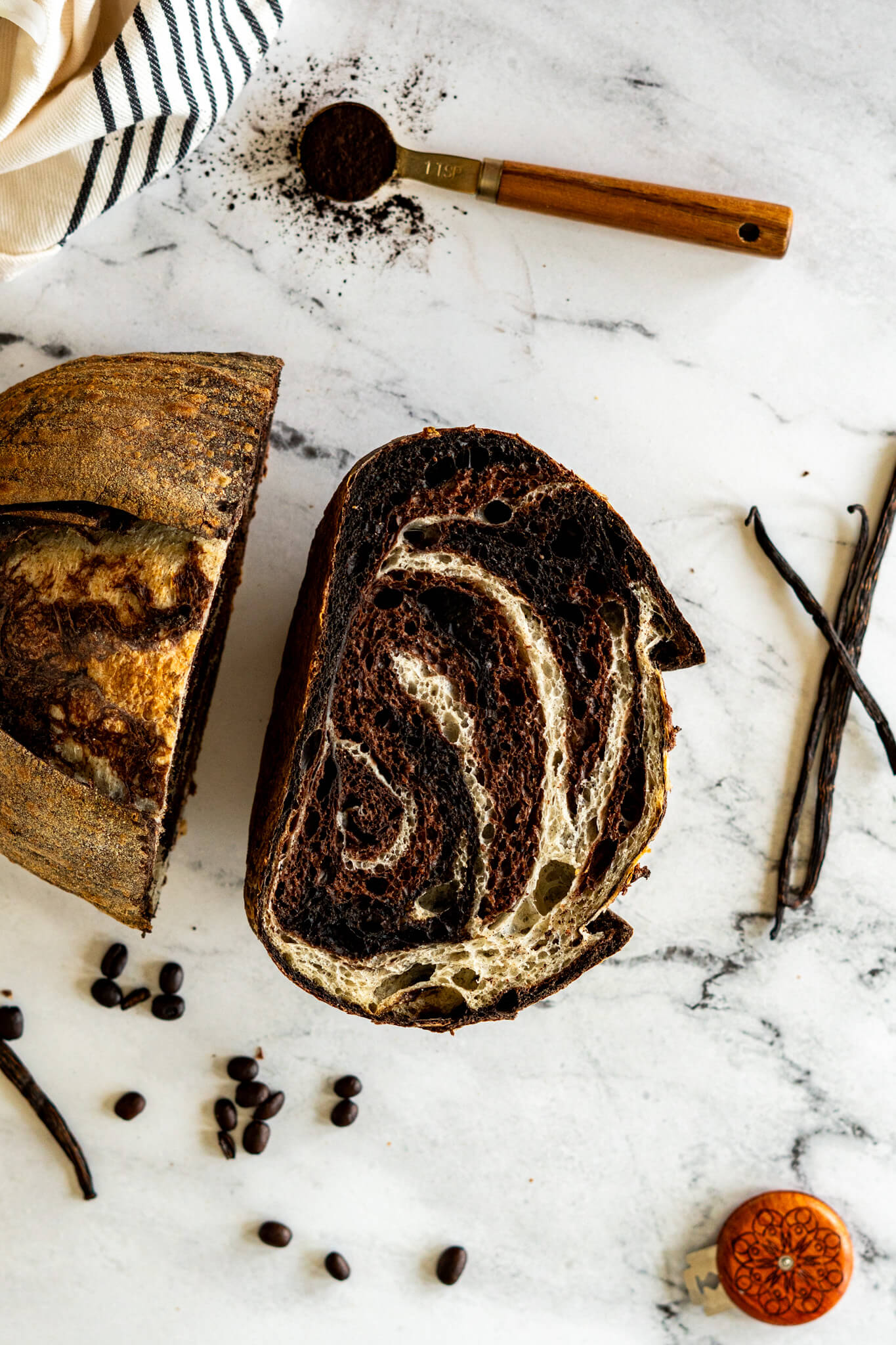 Sliced loaf of marbled chocolate vanilla sourdough bread!