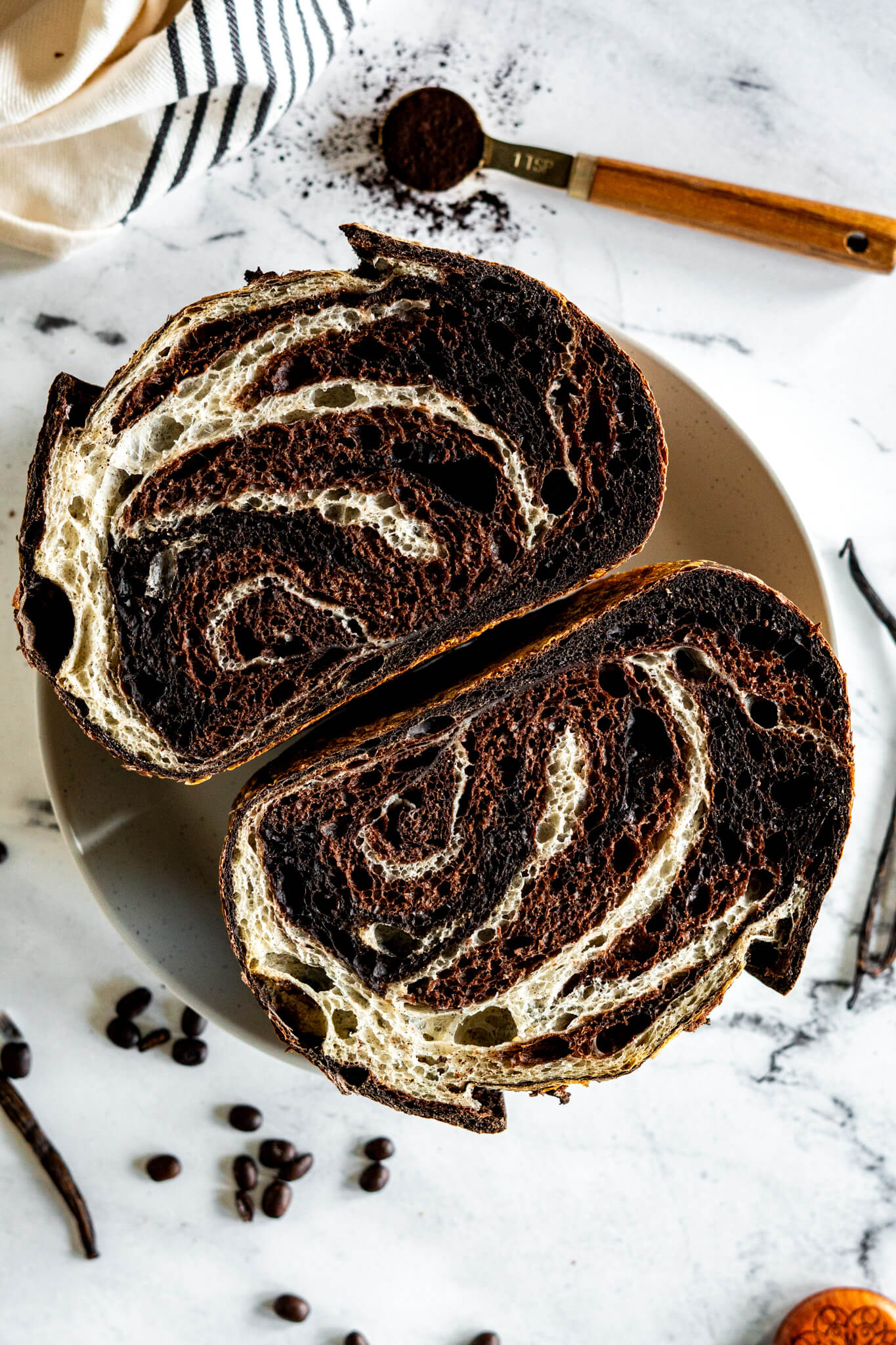 Marbled chocolate vanilla sourdough bread.