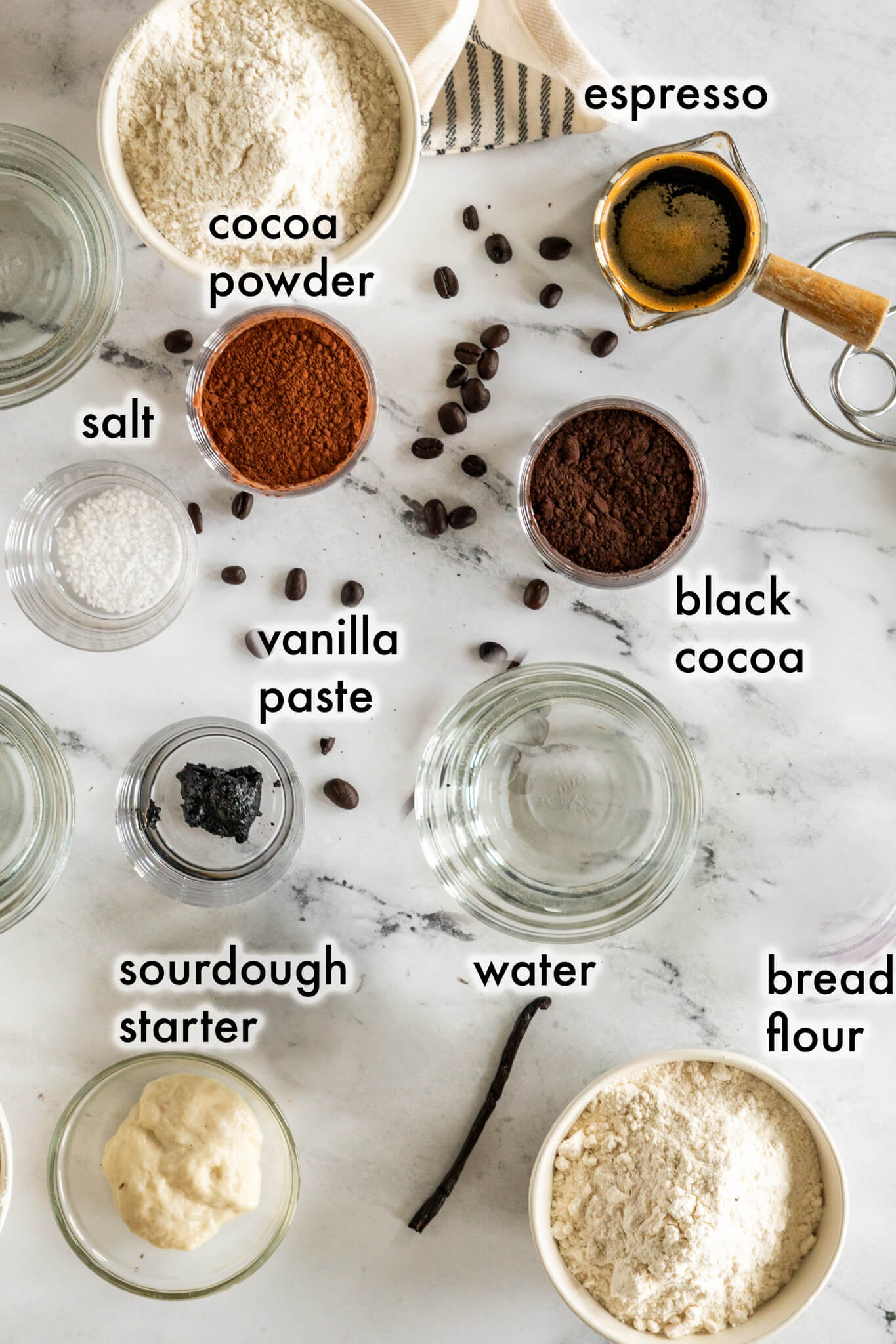 Ingredients required for marbled sourdough with chocolate and vanilla. 