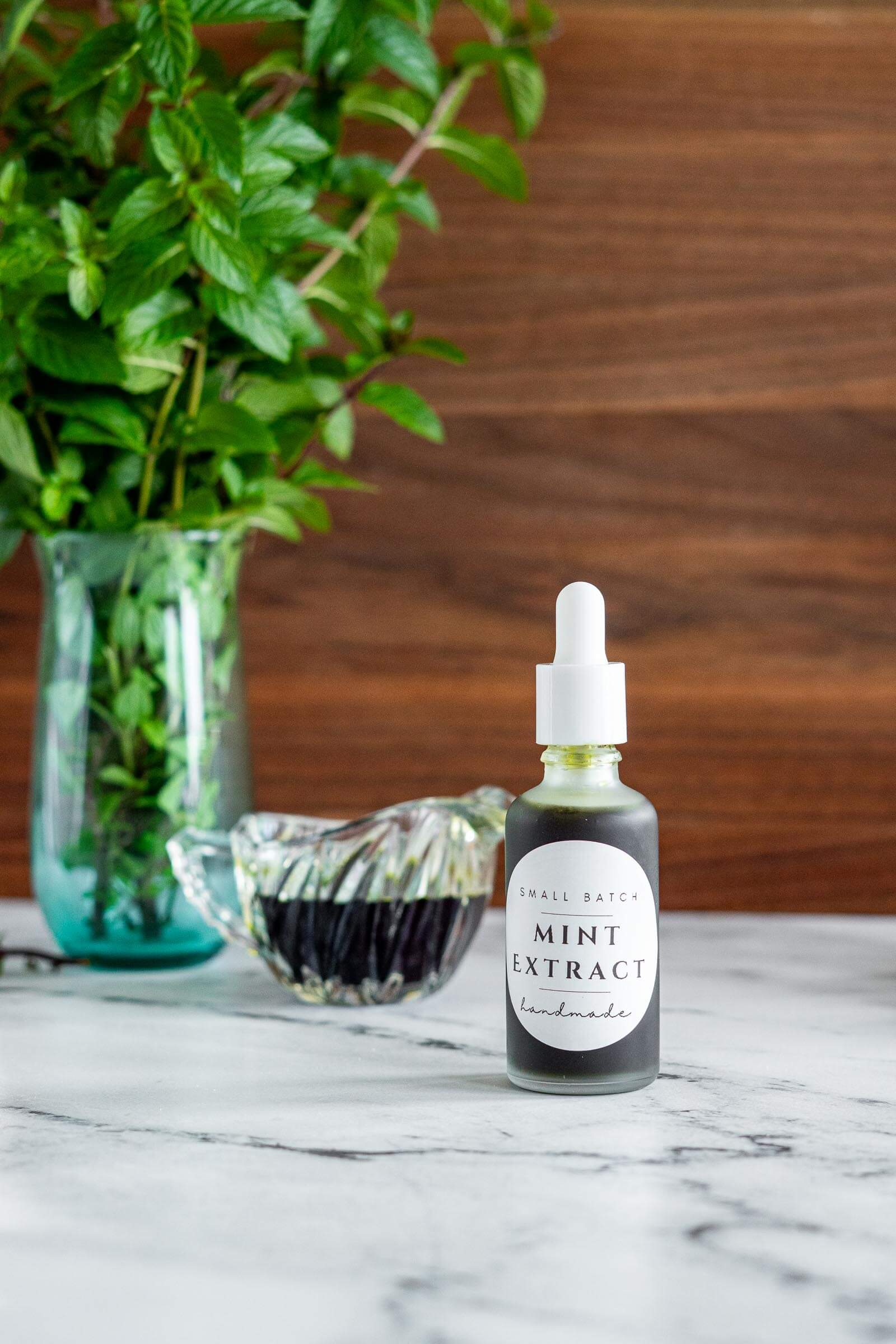 Mint extract in bottle with homemade label.