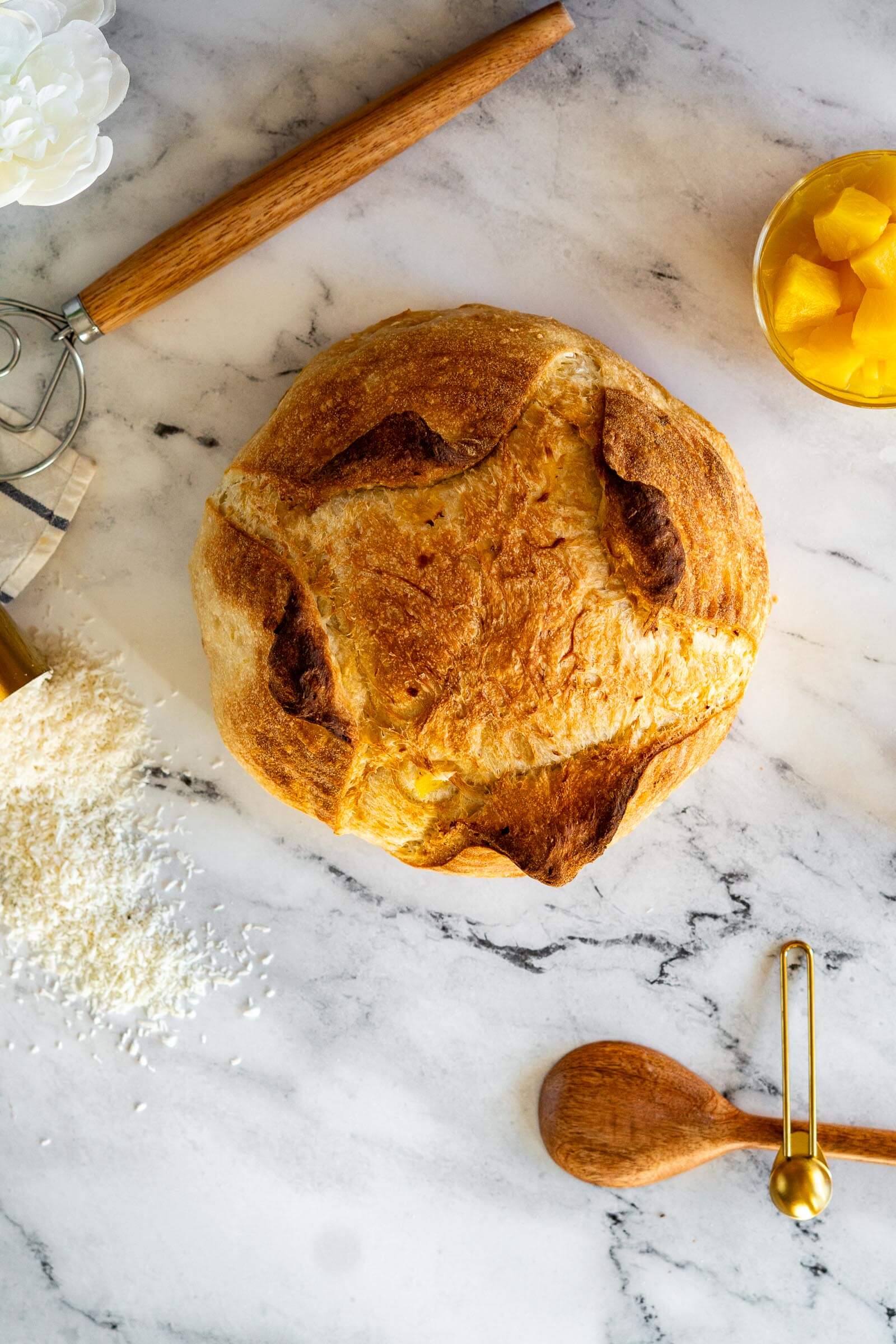 Boule of pina colada sourdough bread. 