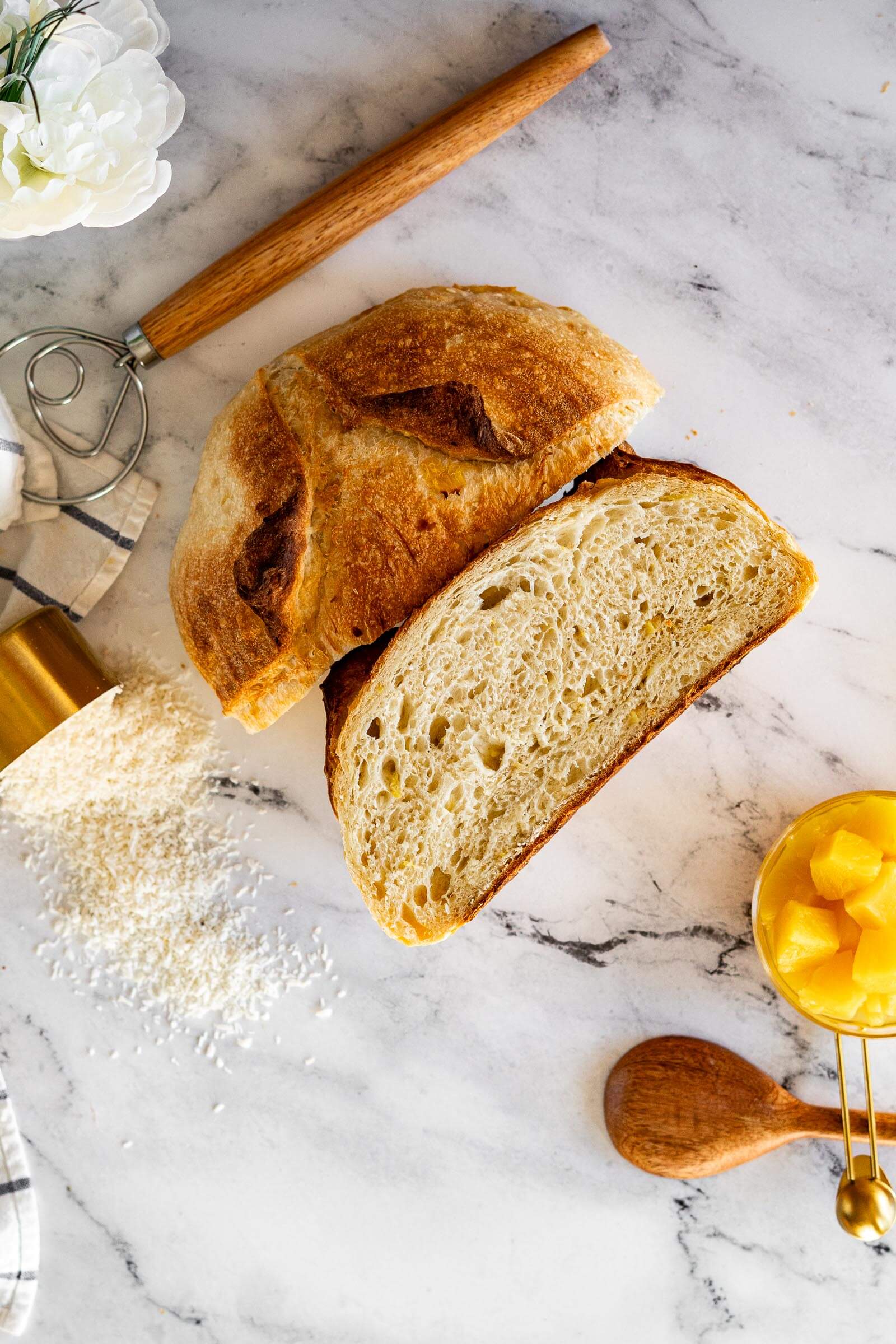 Sourdough bread with pineapple and shredded coconut.