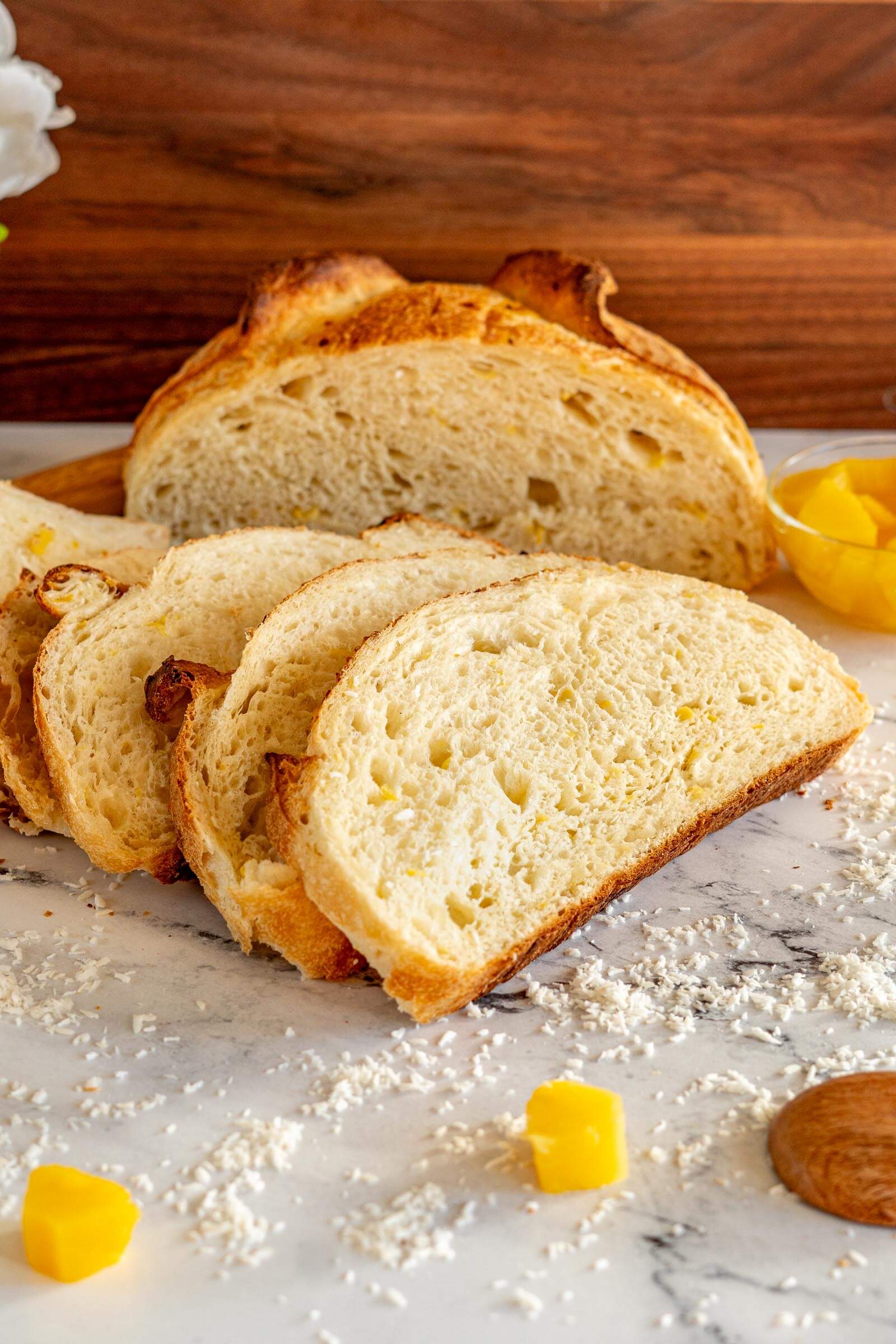 Sliced pina colada sourdough bread.