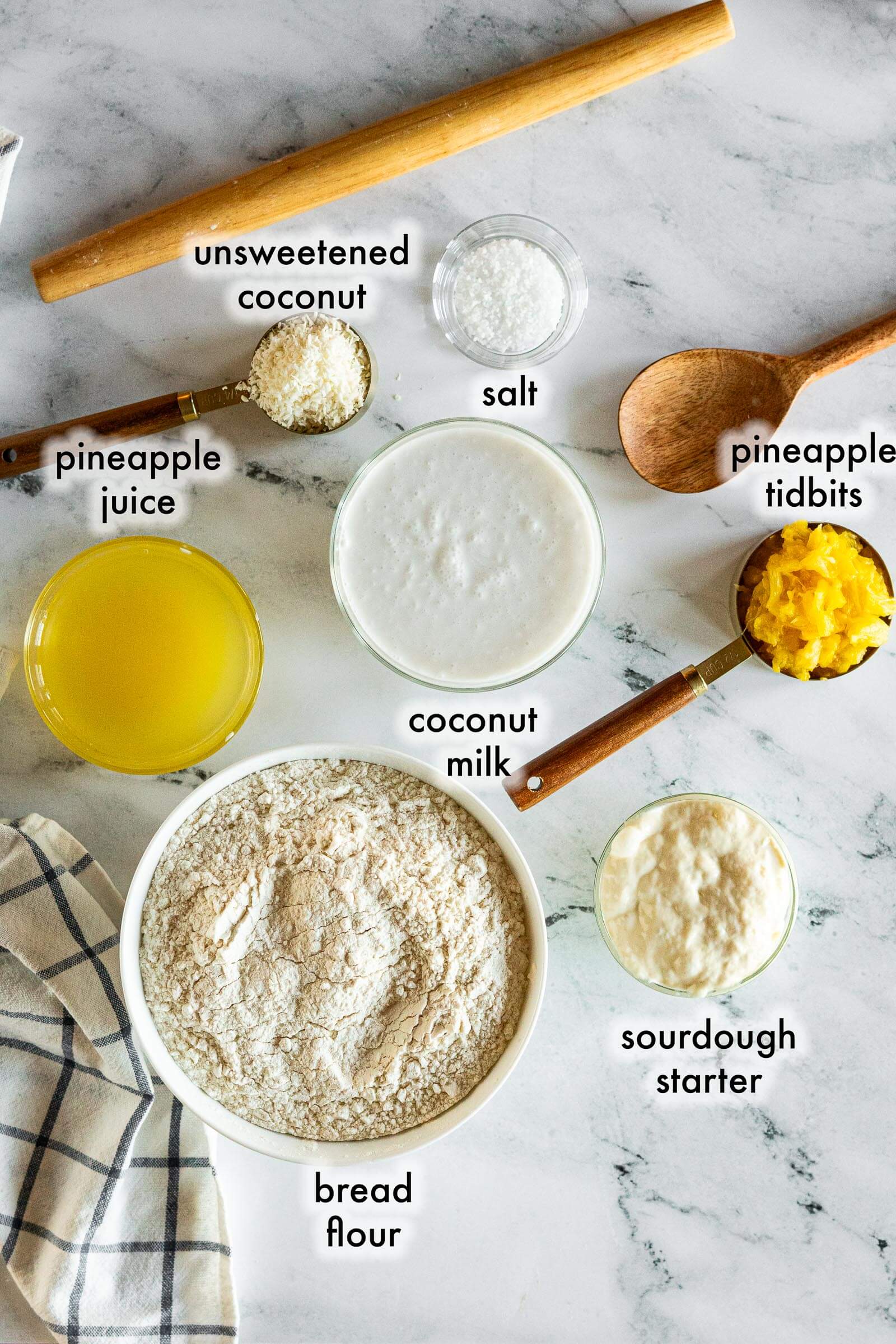 Ingredients for pineapple coconut sourdough bread.