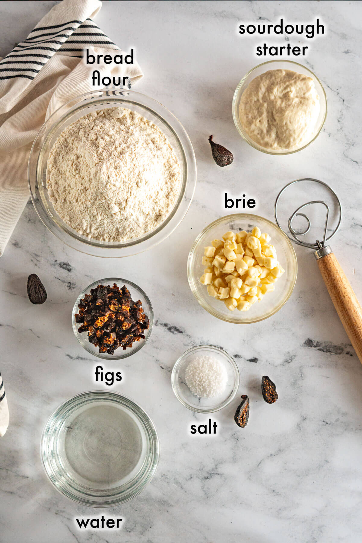 Ingredients required for fig and brie sourdough bread. 