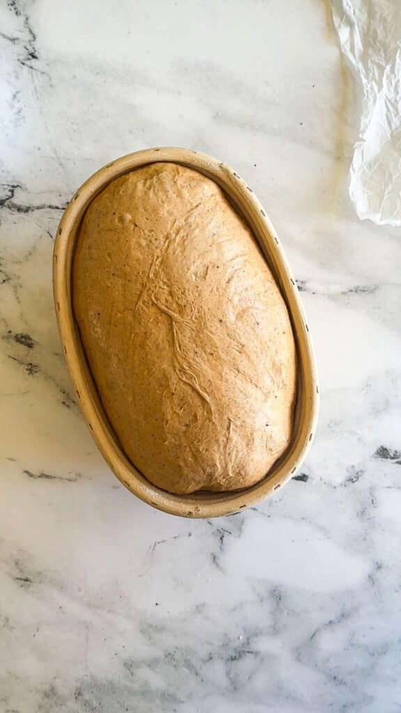 Proved sourdough loaf. 