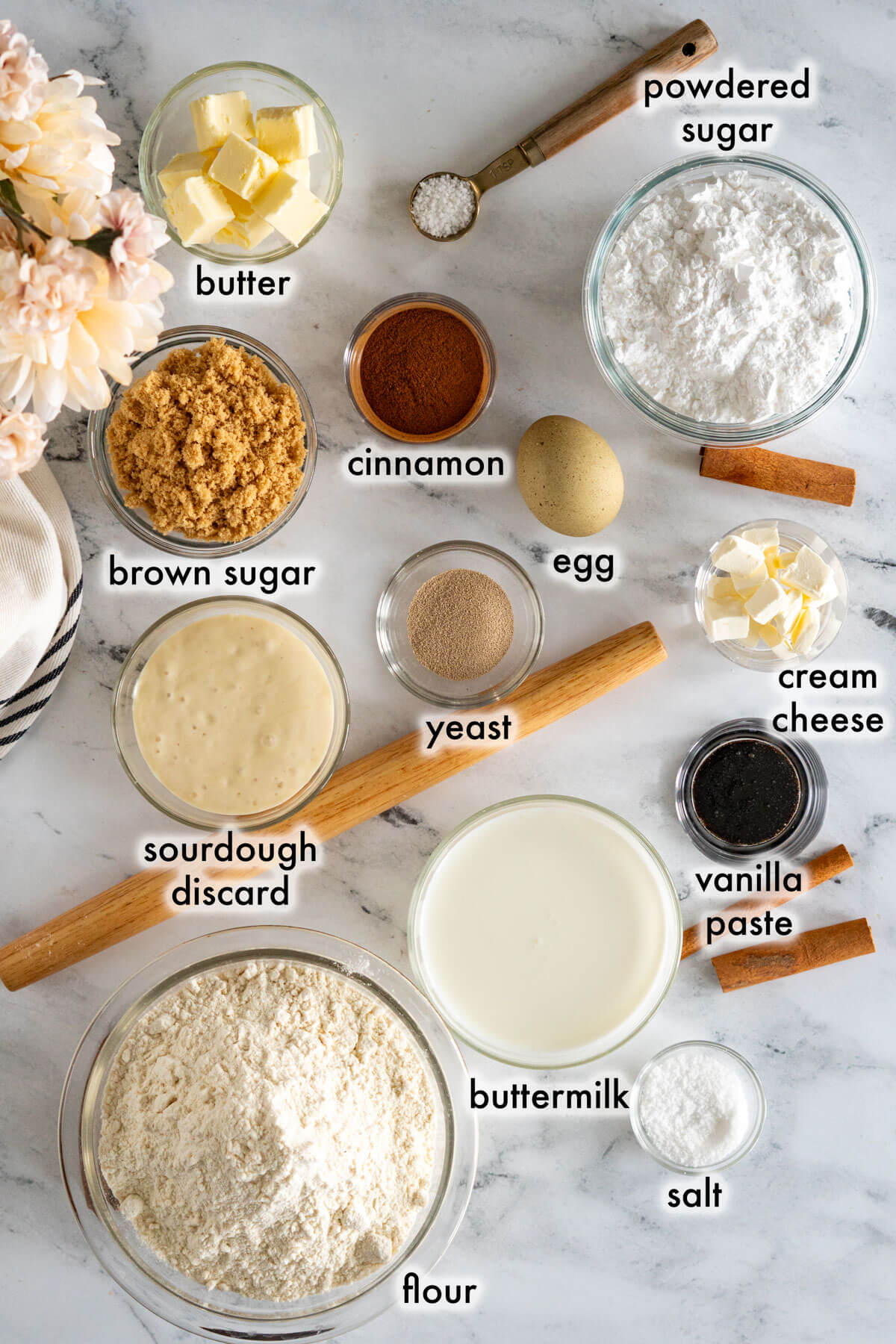 Ingredients required for this sourdough discard cinnamon roll christmas trees recipe. 