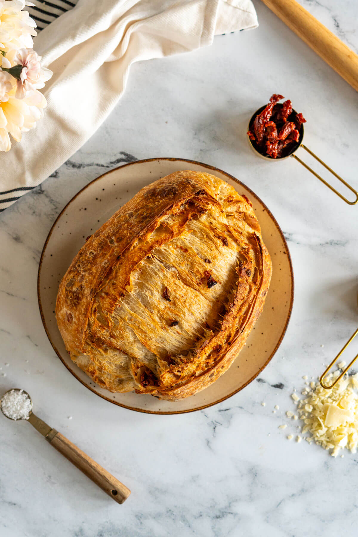 Baked sourdough with sun dried tomatoes and parmesan.