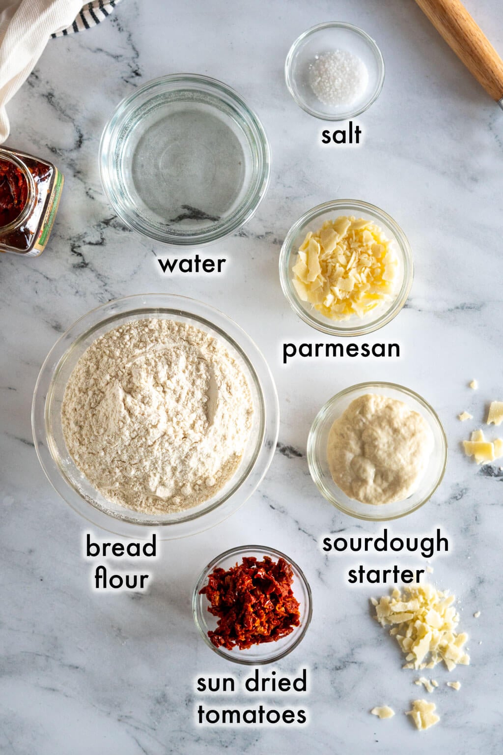 Ingredients for this sun dried tomato parmesan sourdough.