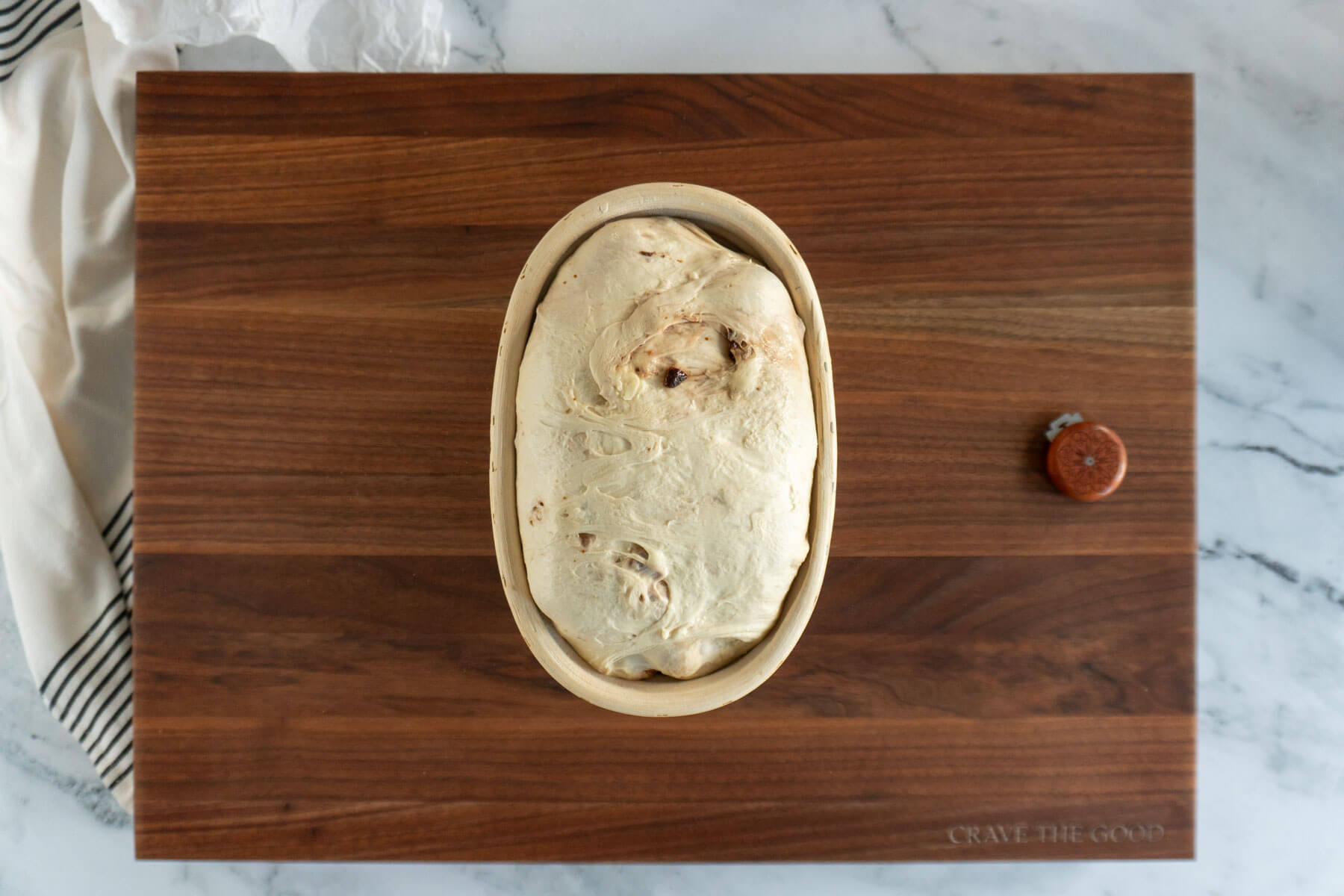 Fully proved fig sourdough bread.