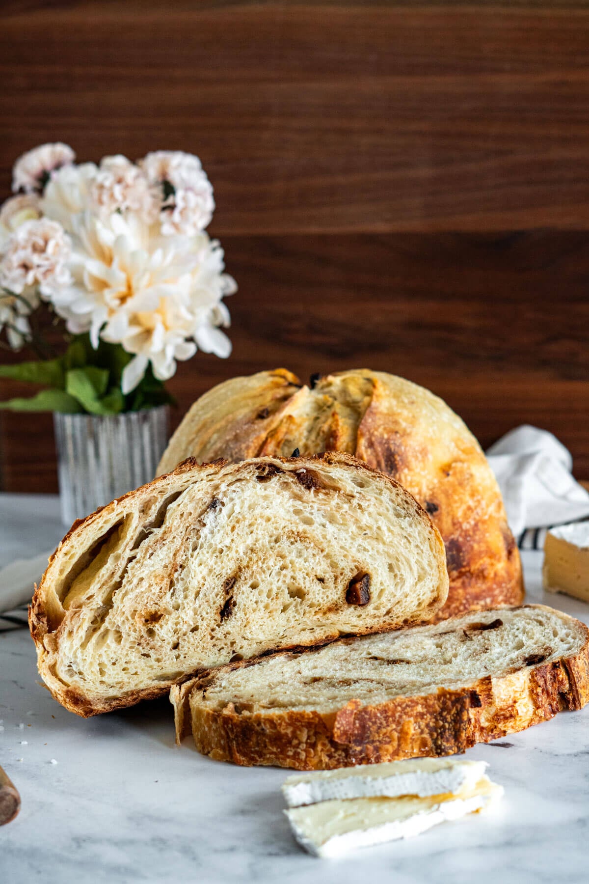 Sliced fig and brie sourdough bread.