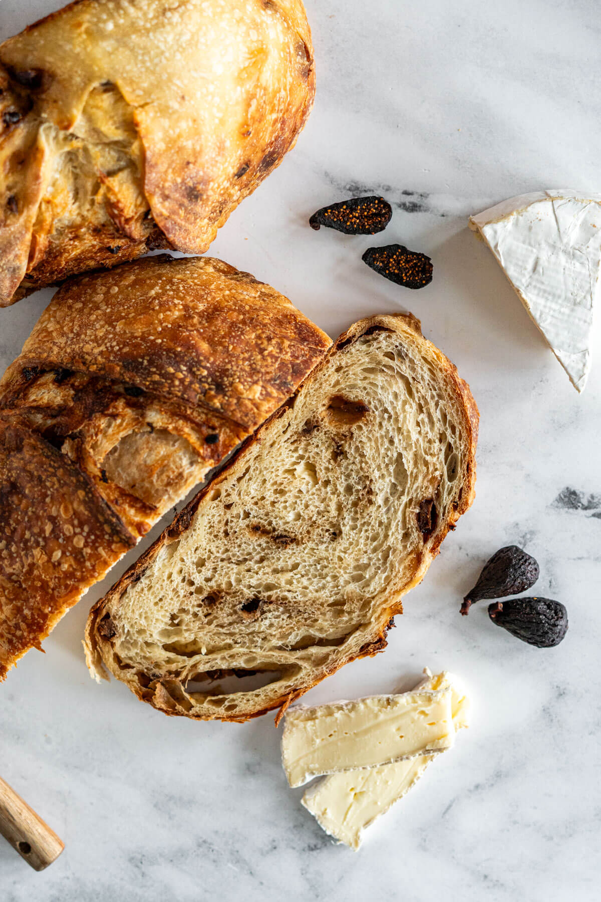 Overhead view of brie and fig sourdough bread.