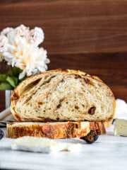Fig and brie sourdough bread sliced.