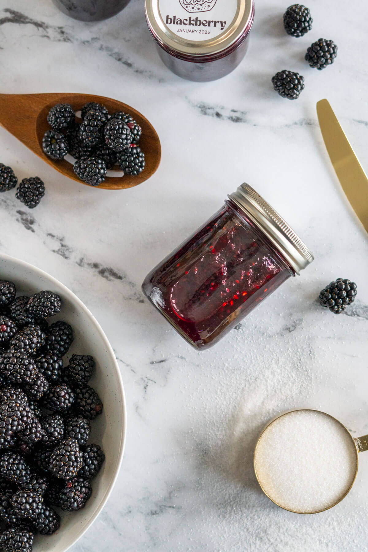 Blackberry jam in jar with fresh blackberries and sugar.