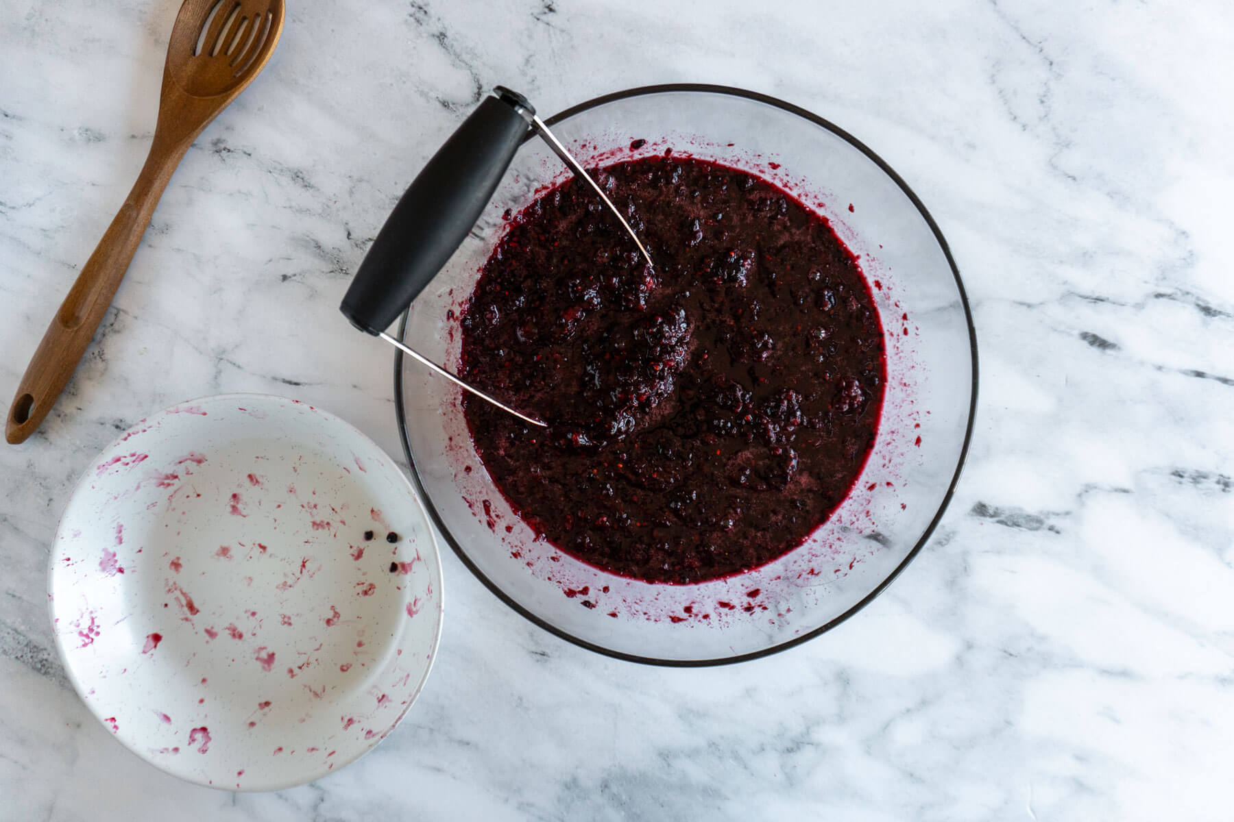 Large bowl of mashed blackberries.