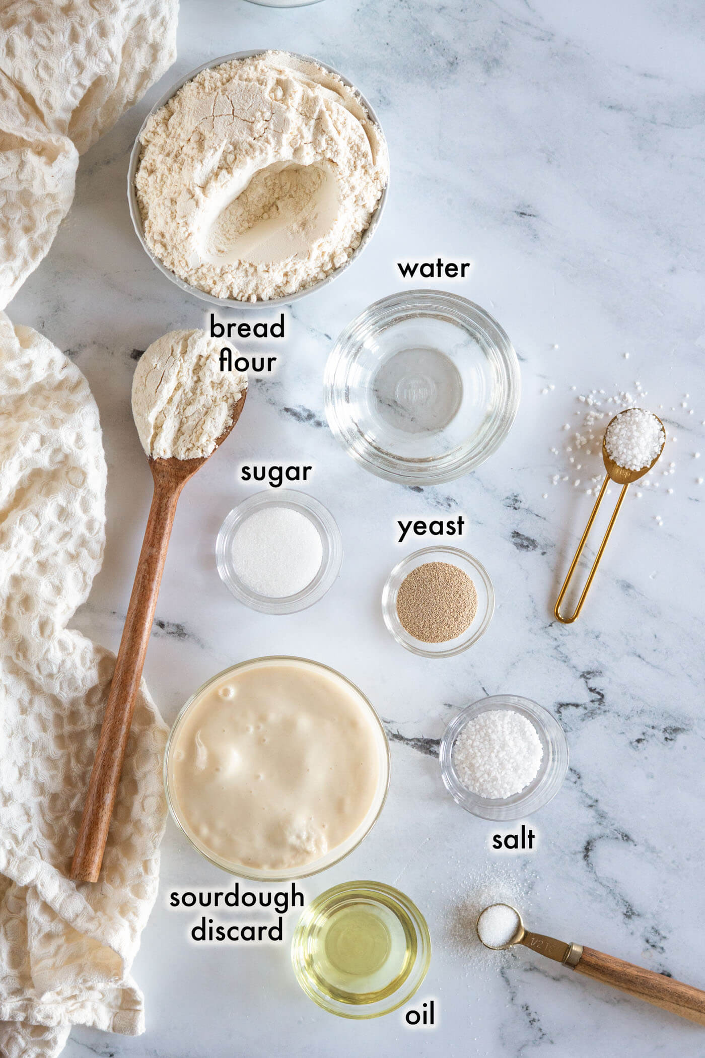 Ingredients required for bread machine sourdough: discard, bread flour, water, oil, sugar, salt, and instant yeast. 
