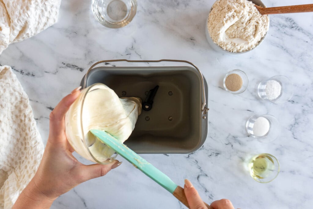 Adding sourdough discard to bread machine pan.