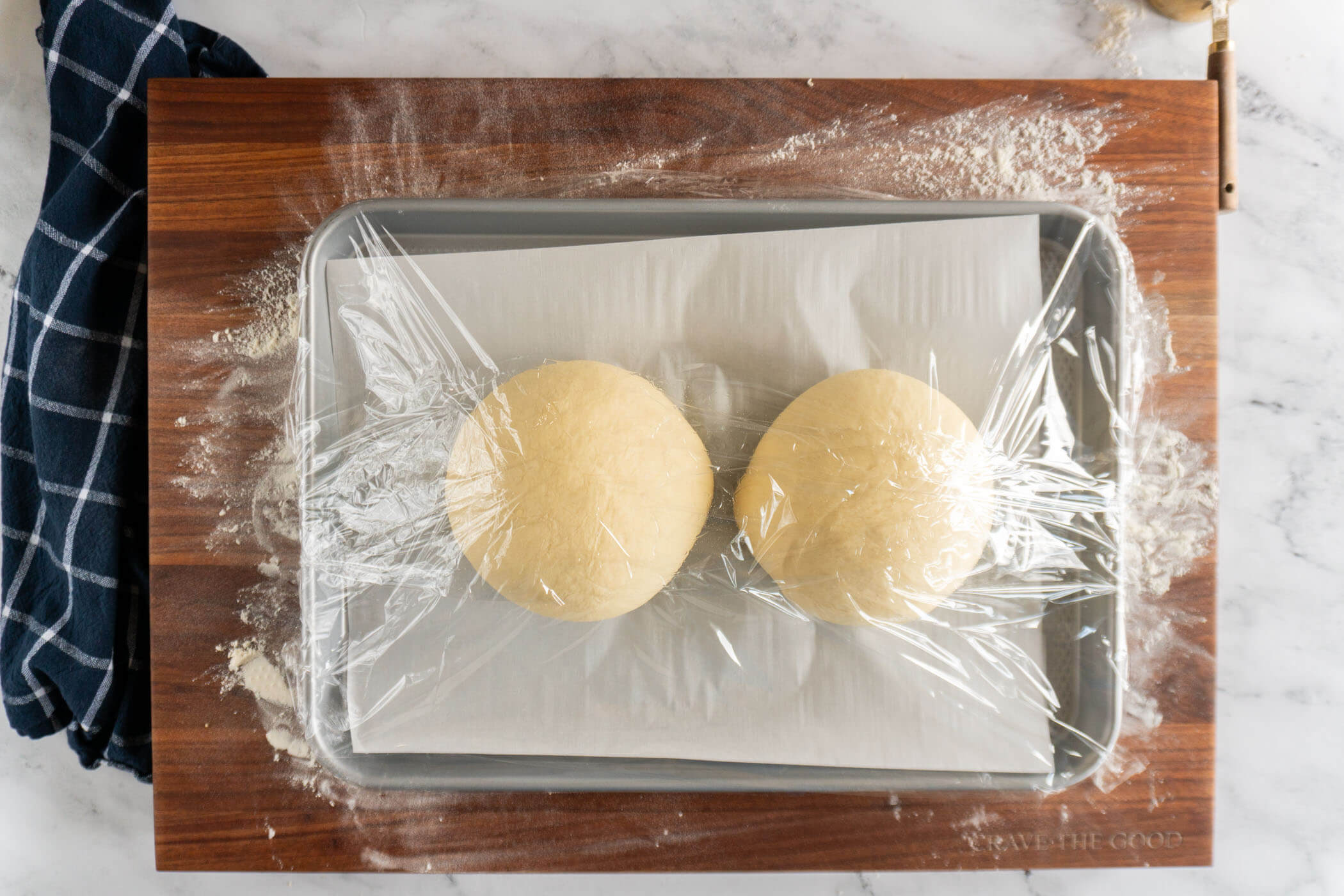 Proofed pizza dough.