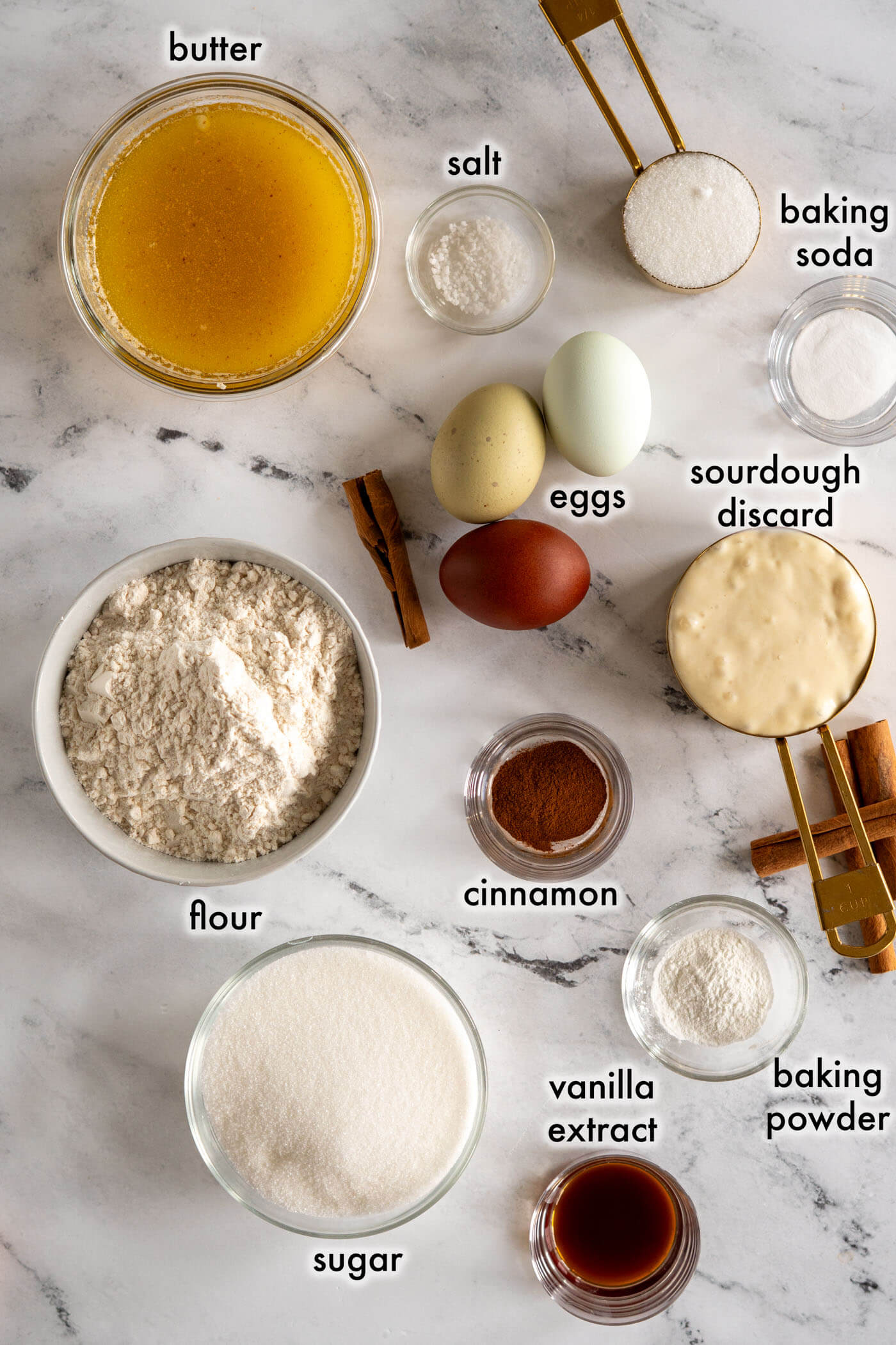 Ingredients required for sourdough discard cinnamon bread. 