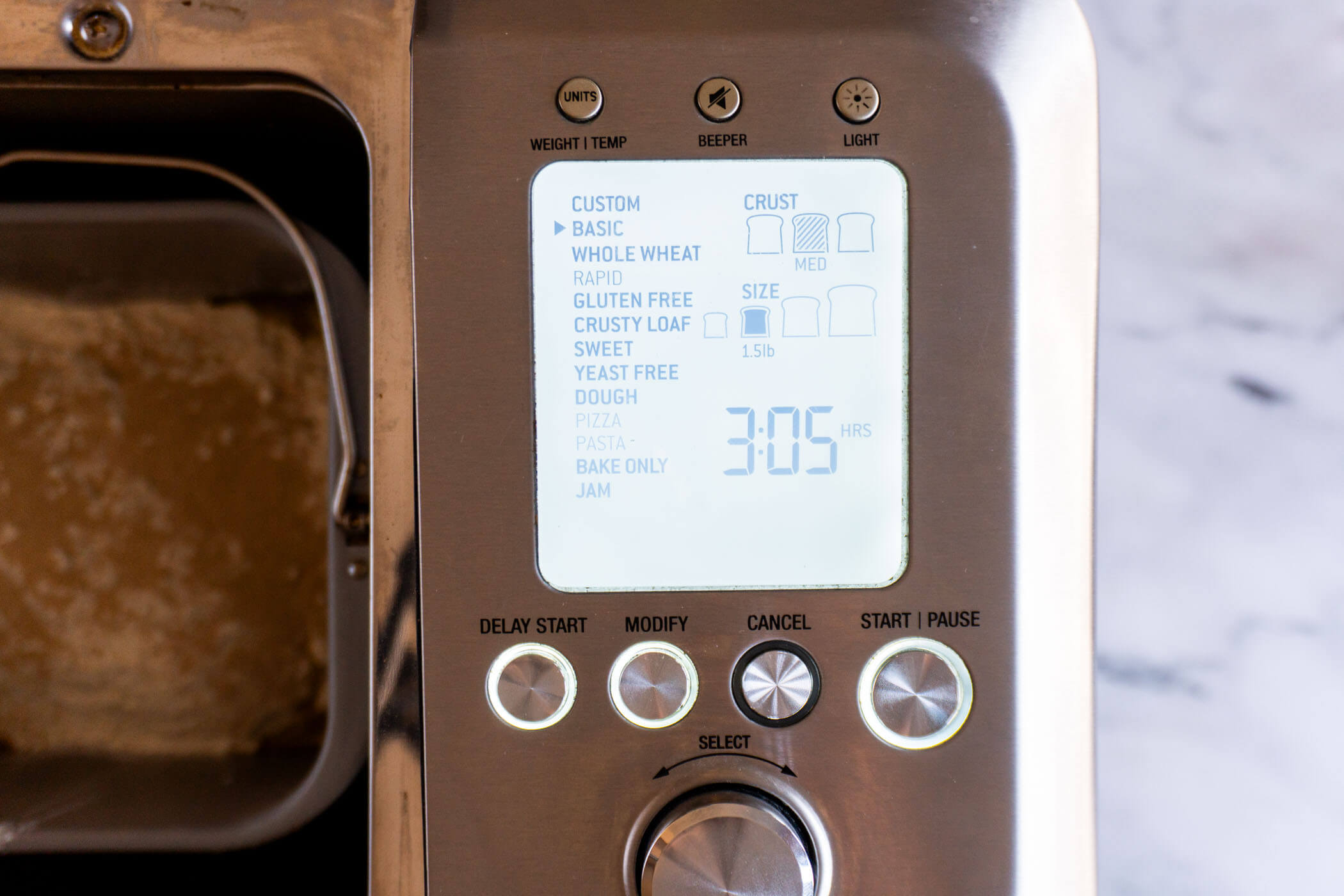 Settings for bread recipe.