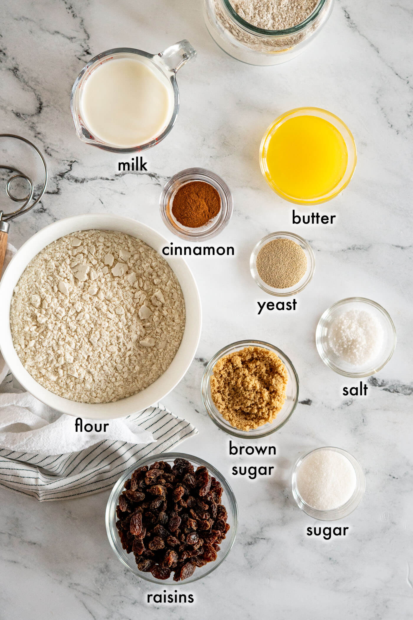 Ingredients for bread machine cinnamon raisin bread.